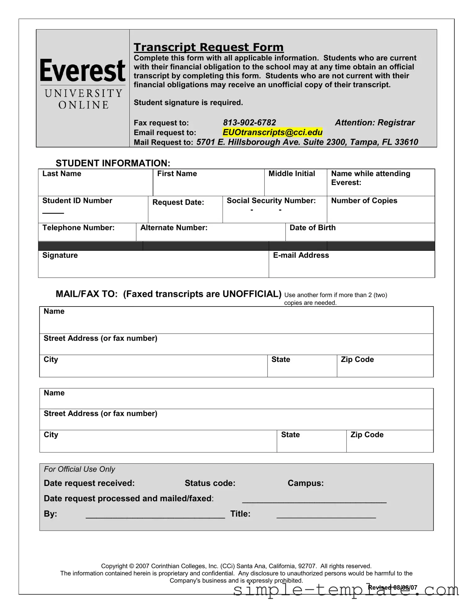 Free Everest University Transcript Form in PDF