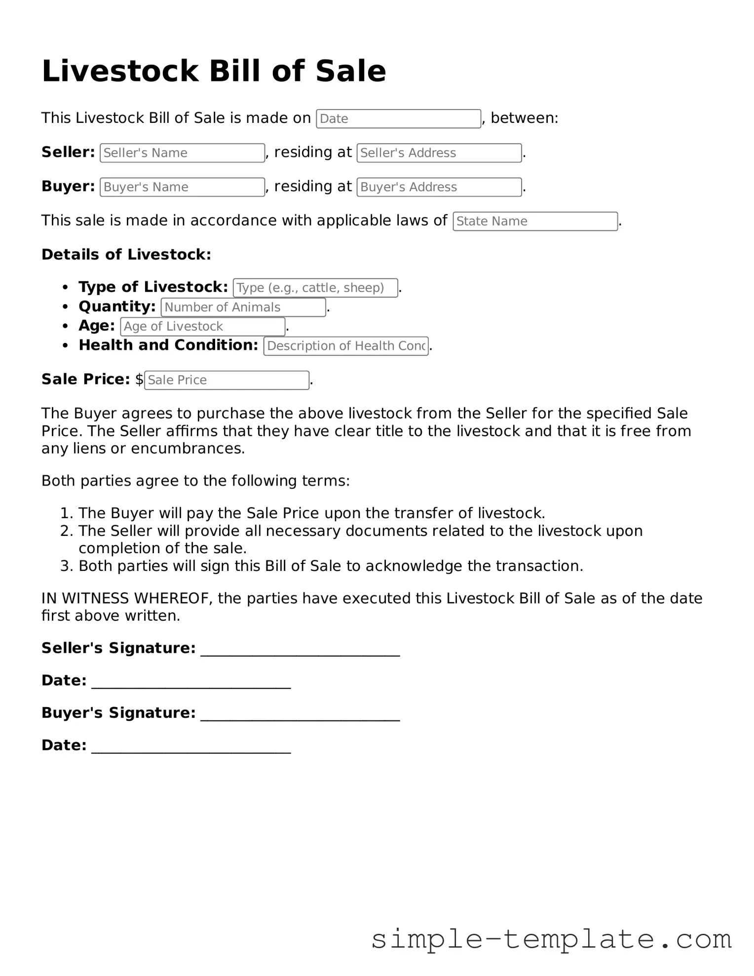 Livestock Bill of Sale Form