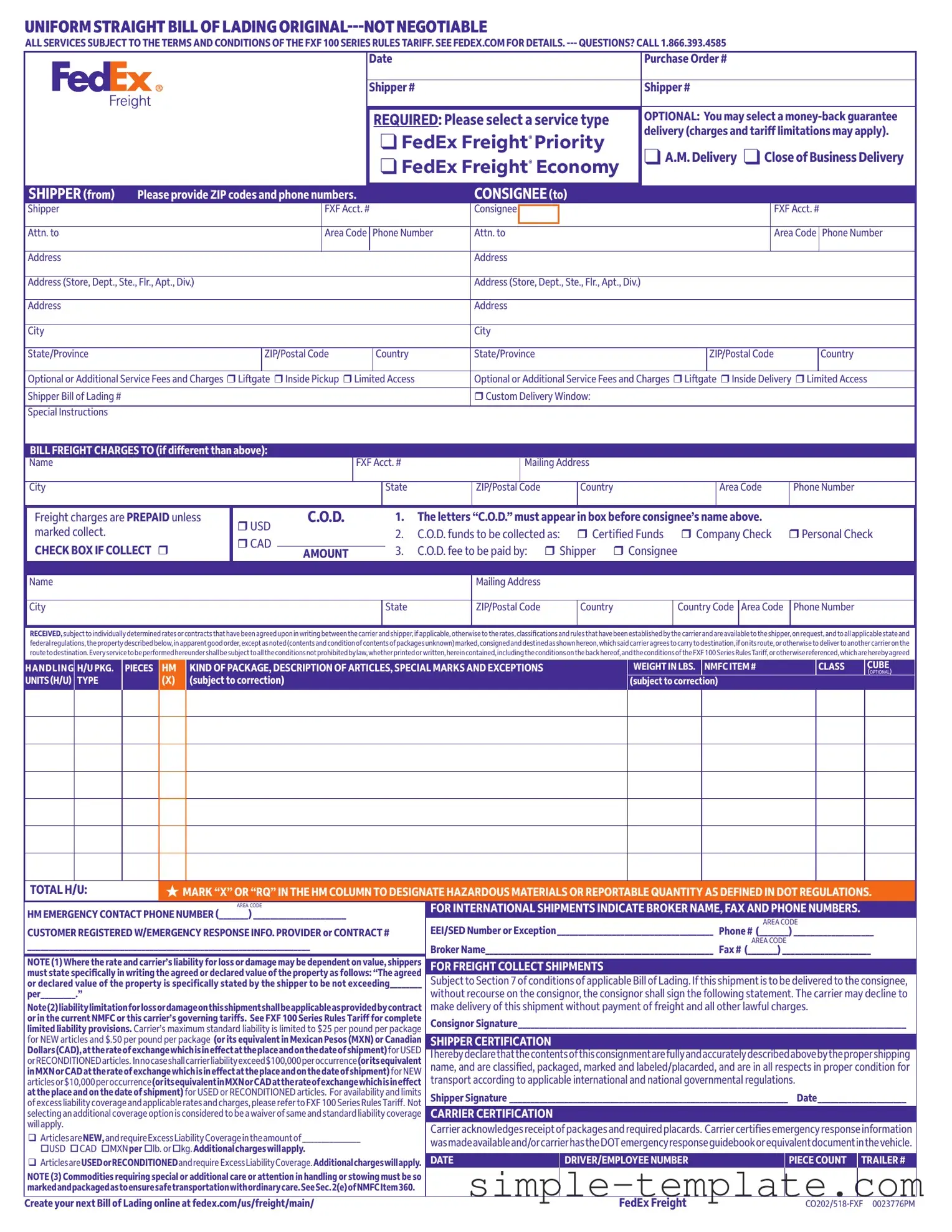 Free Fedex Bill Of Lading Form in PDF