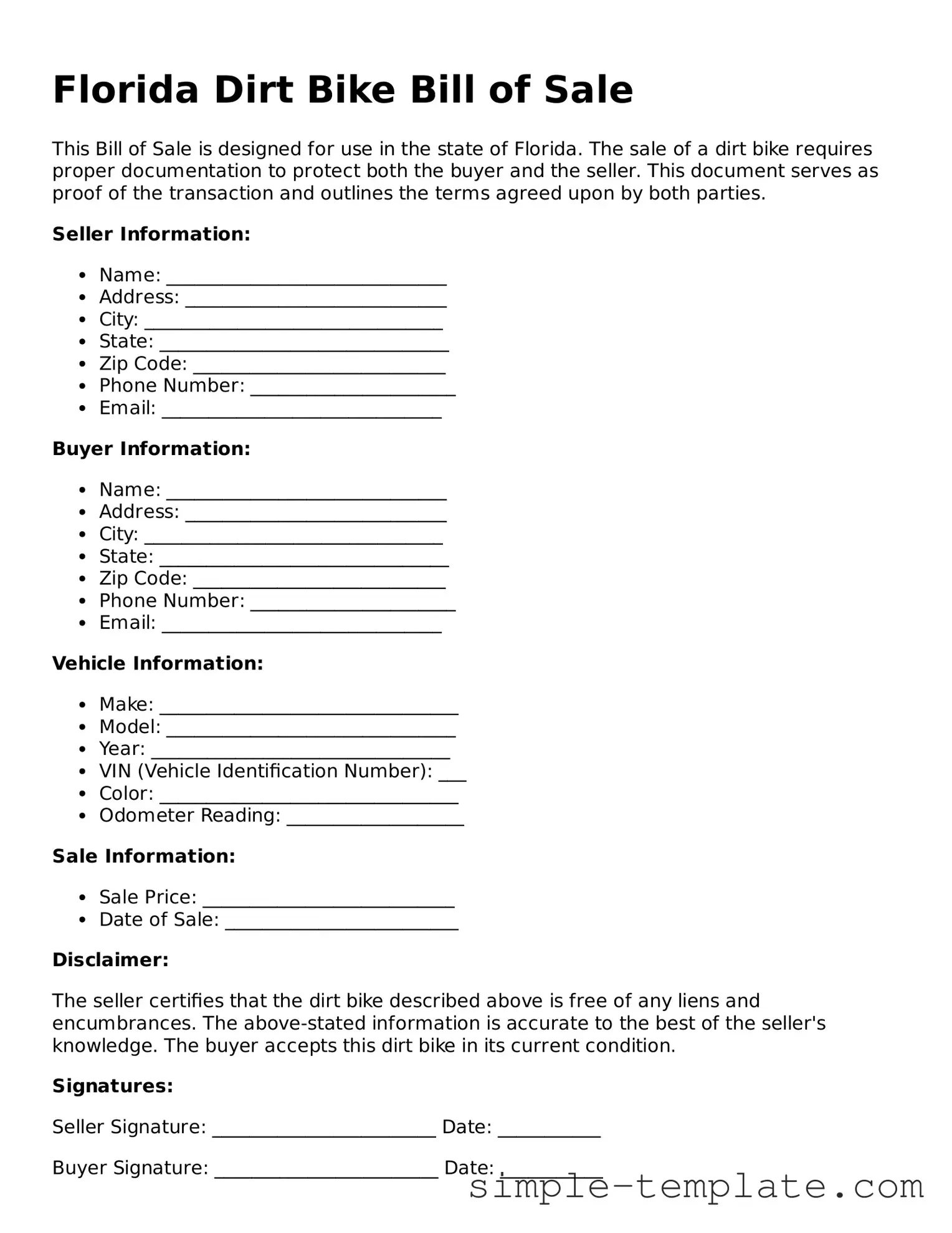 Printable Florida Dirt Bike Bill of Sale Document