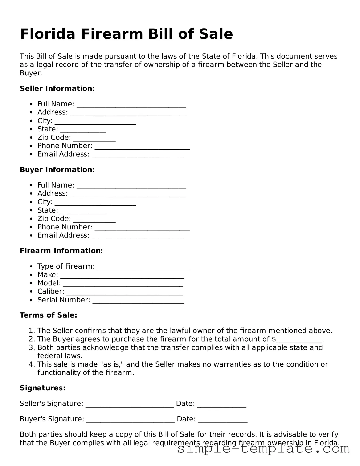 Printable Florida Firearm Bill of Sale Document