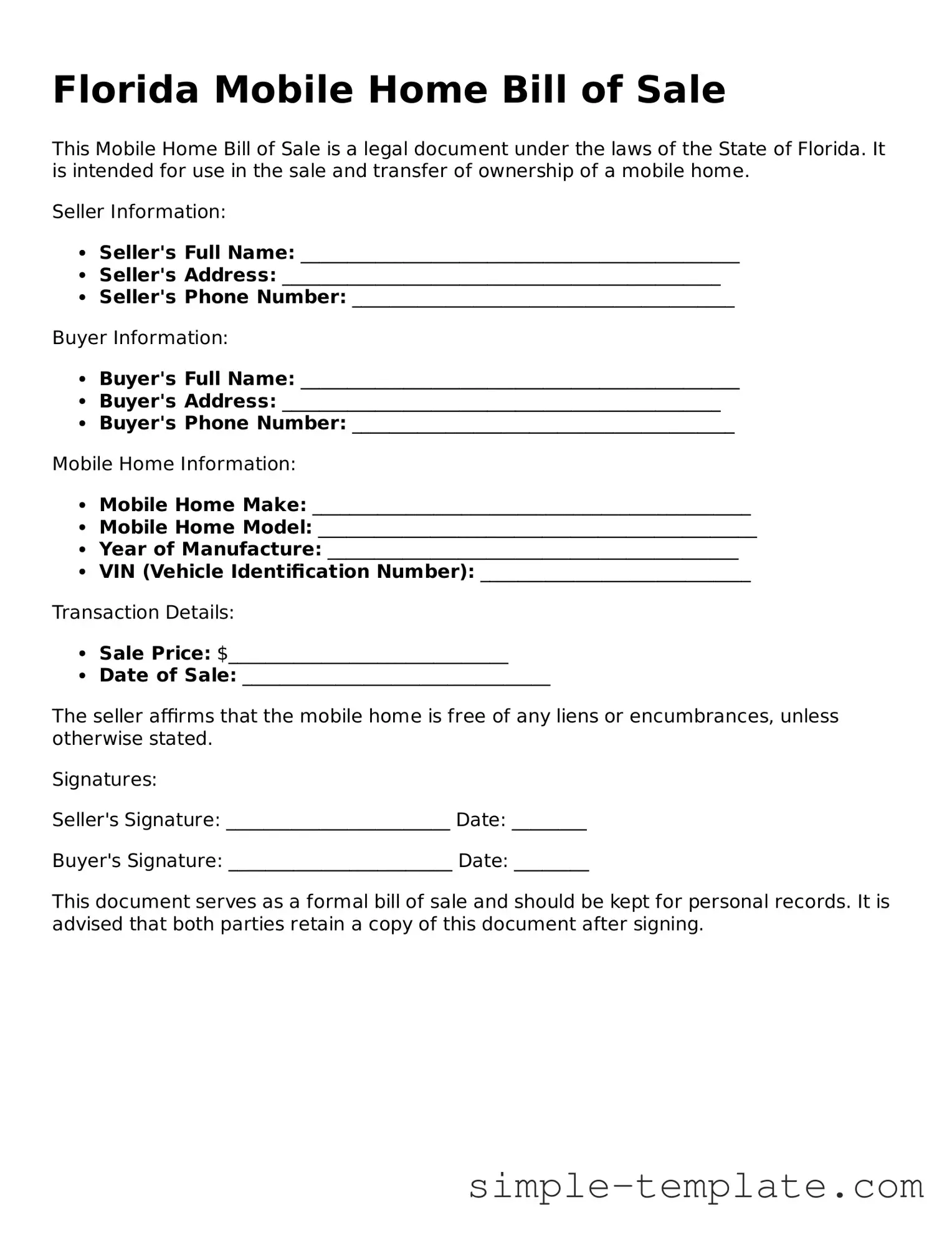 Printable Florida Mobile Home Bill of Sale Document