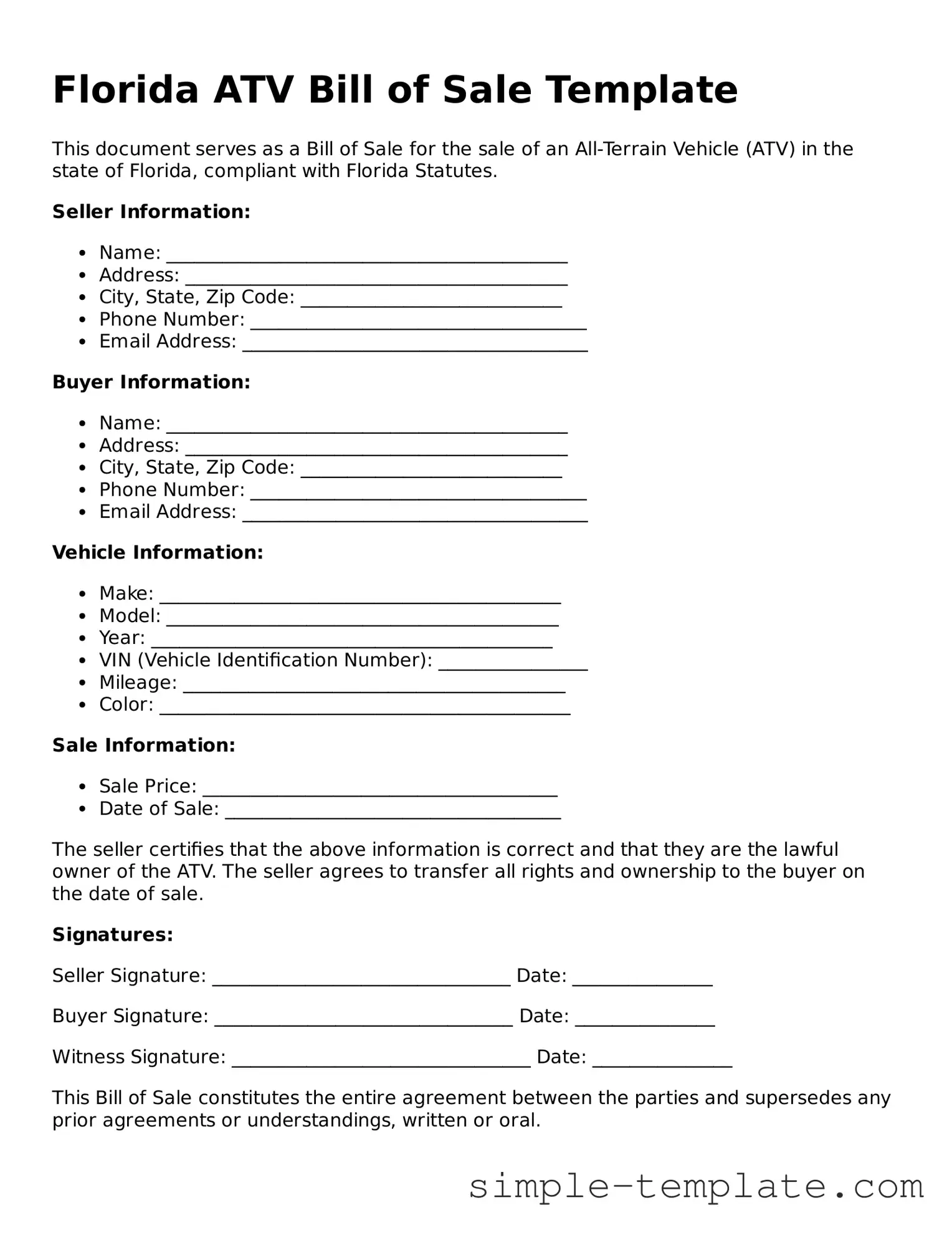 Printable Florida ATV Bill of Sale Document