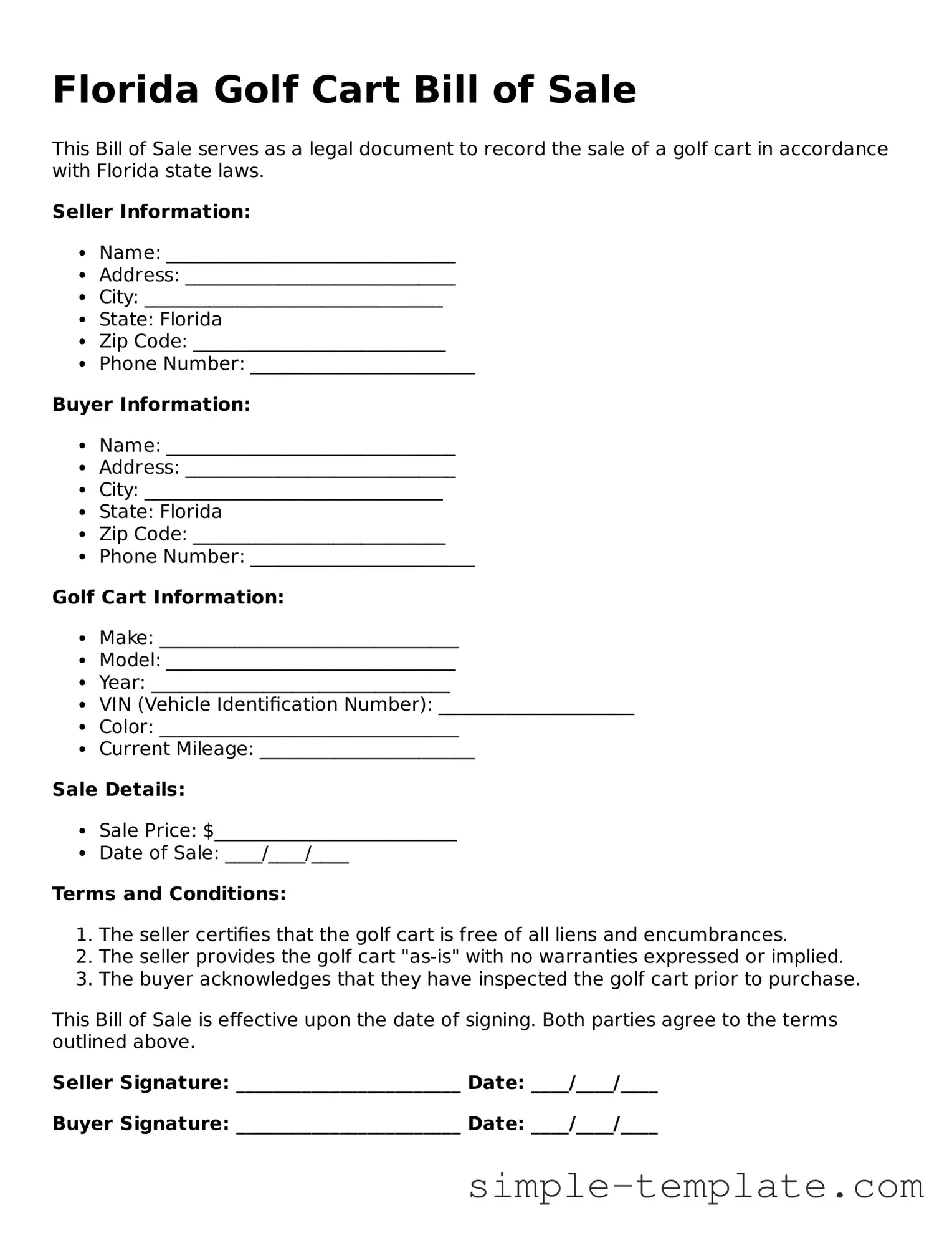 Printable Florida Golf Cart Bill of Sale Document