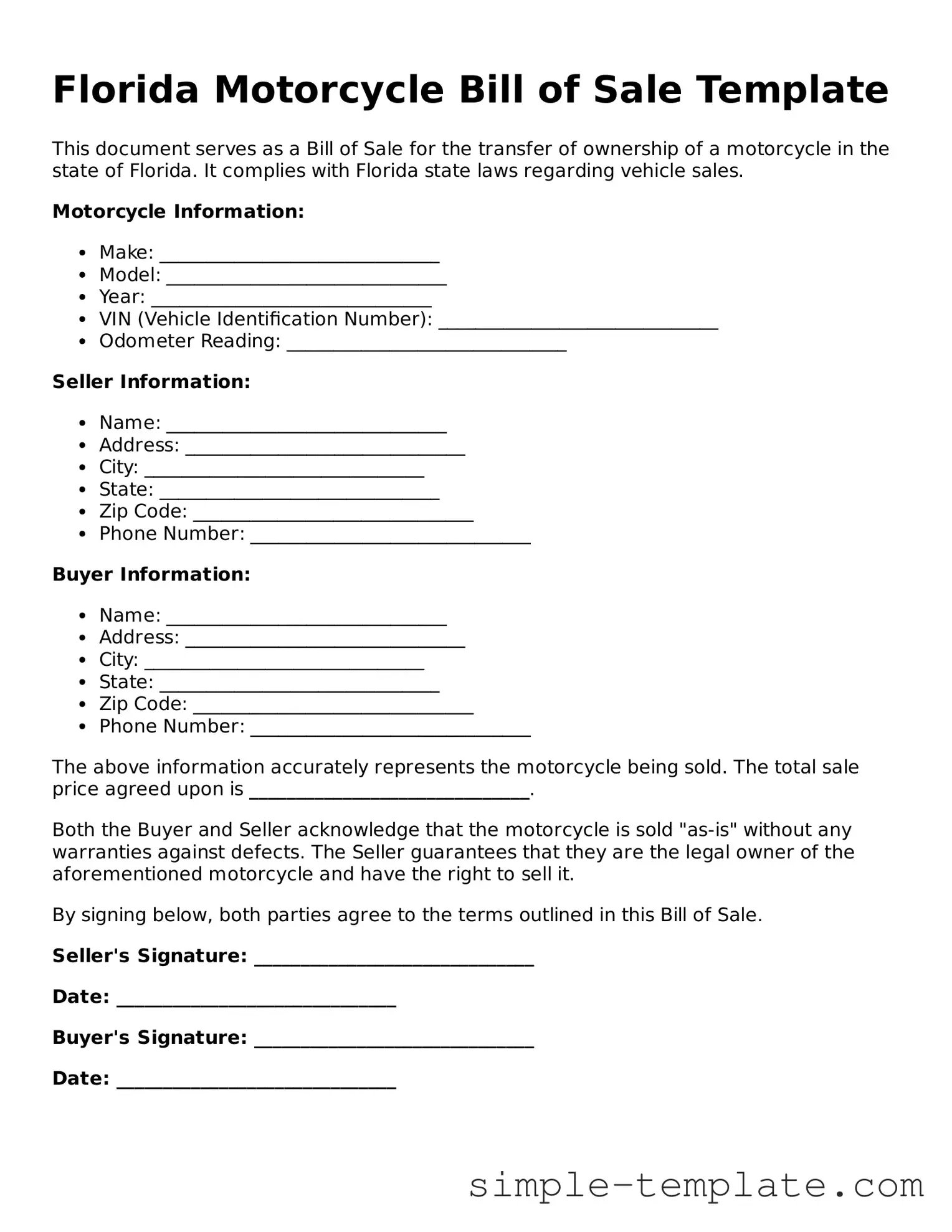 Printable Florida Motorcycle Bill of Sale Document