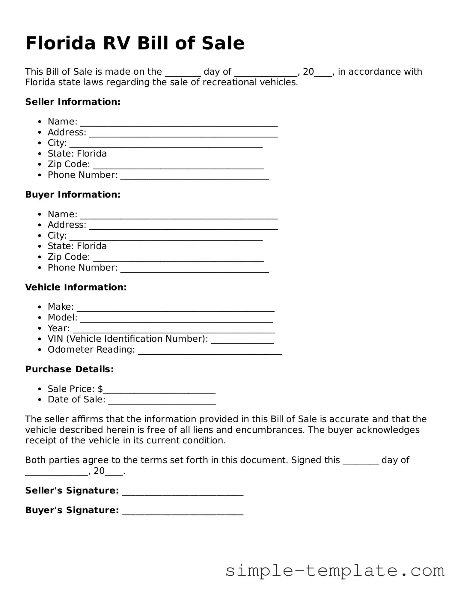 Printable Florida RV Bill of Sale Document