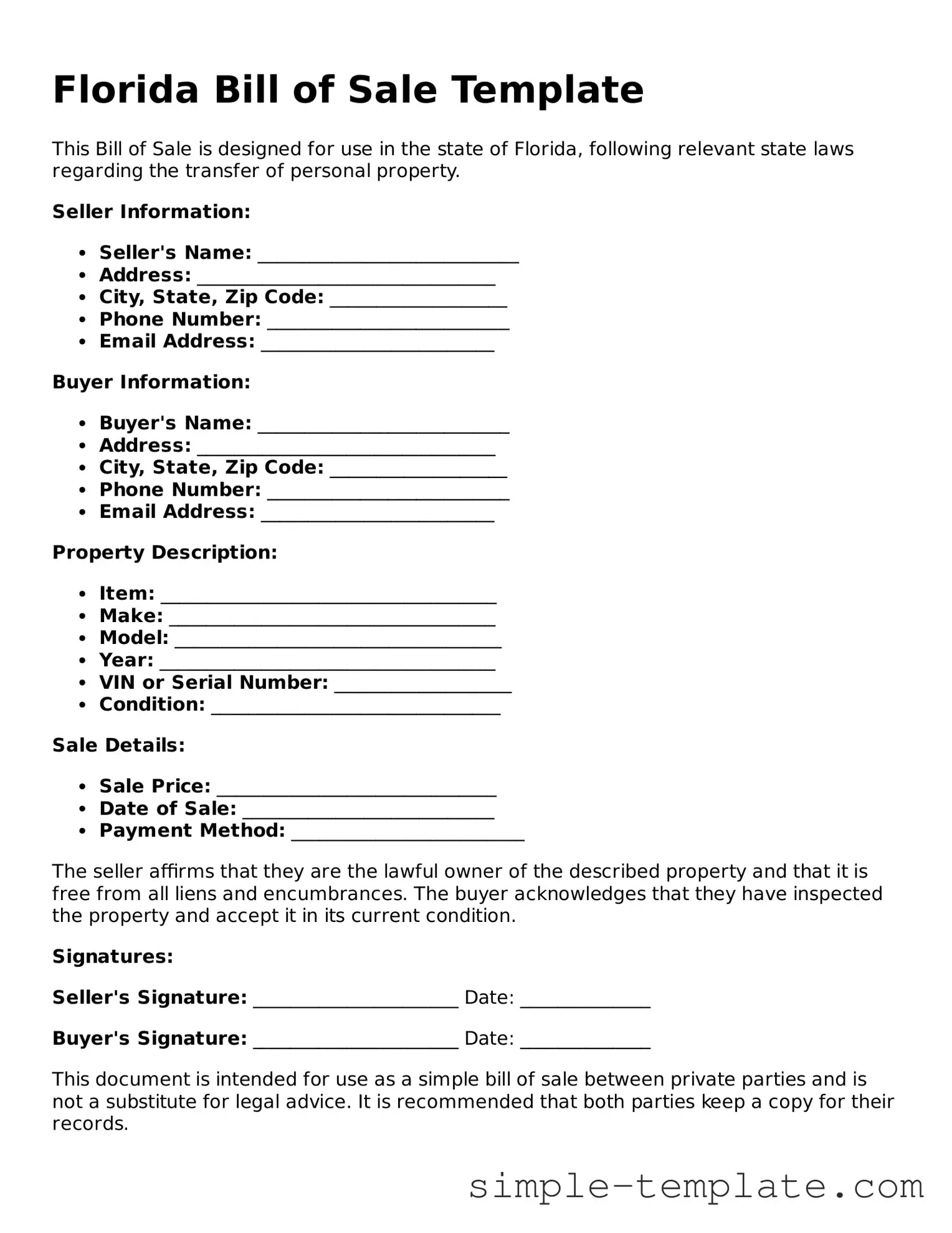Printable Florida Bill of Sale Document