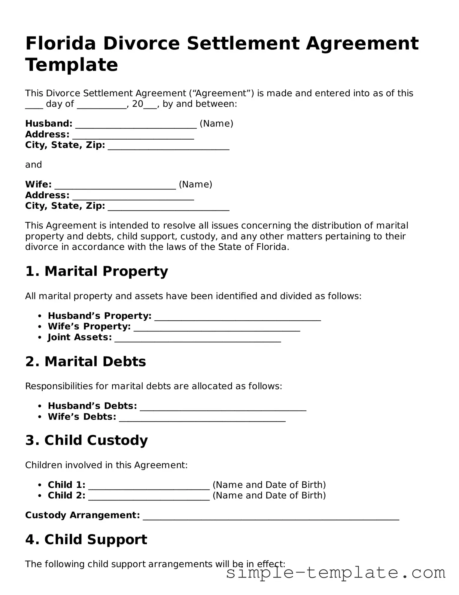 Printable Florida Divorce Settlement Agreement Document