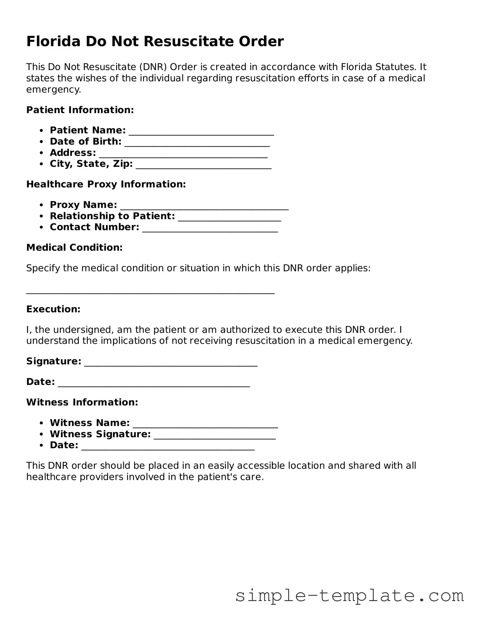 Printable Florida Do Not Resuscitate Order Document