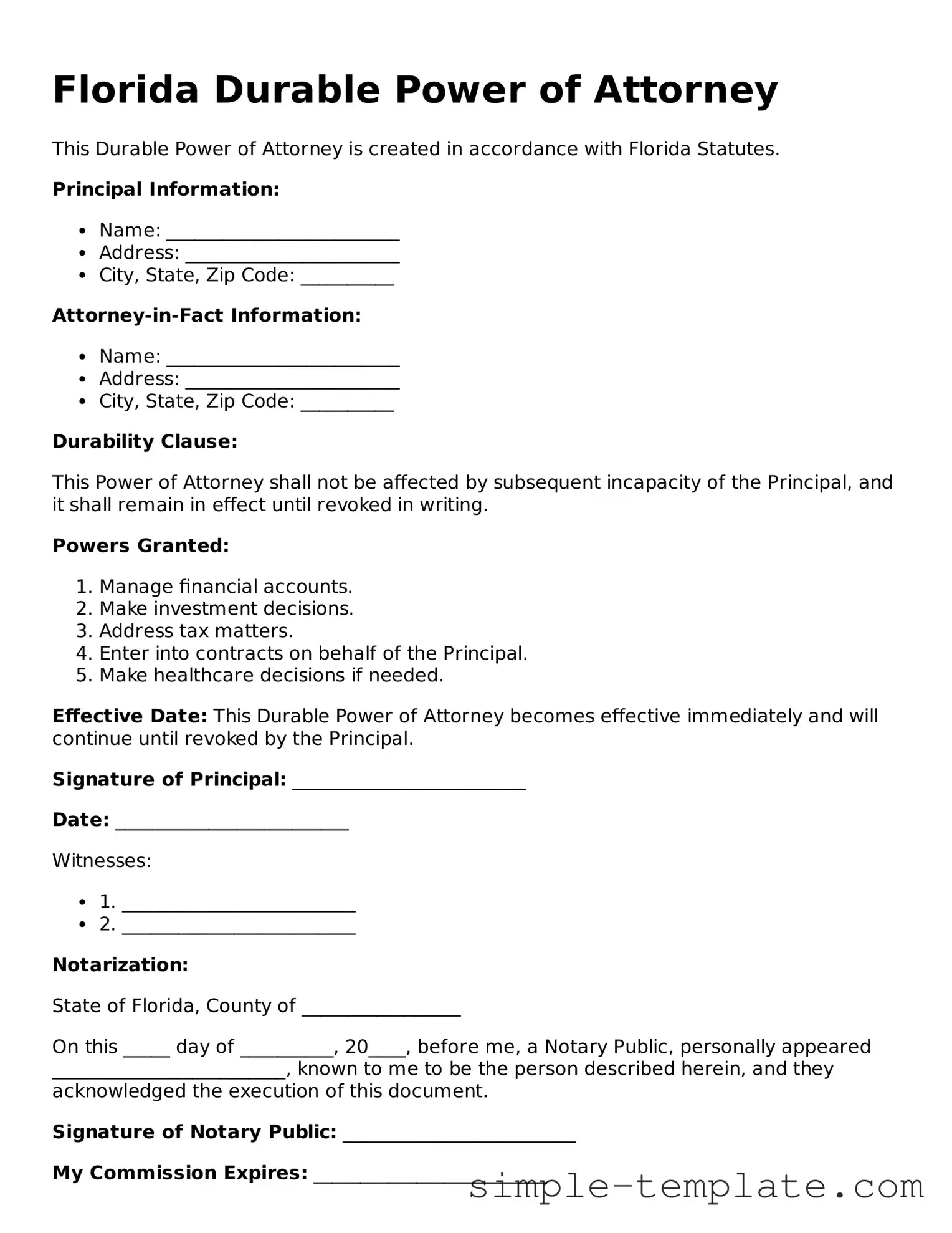 Printable Florida Durable Power of Attorney Document