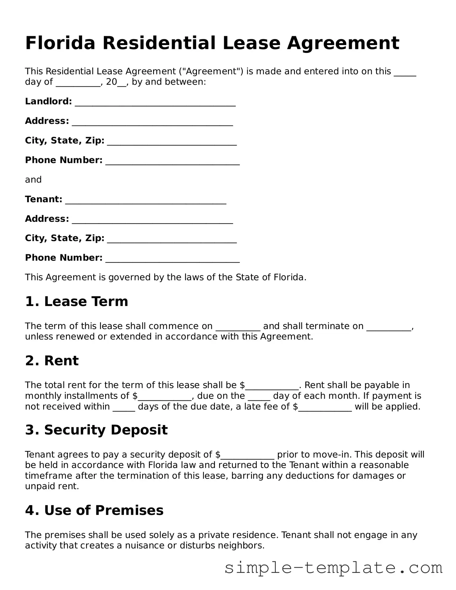 Printable Florida Residential Lease Agreement Document