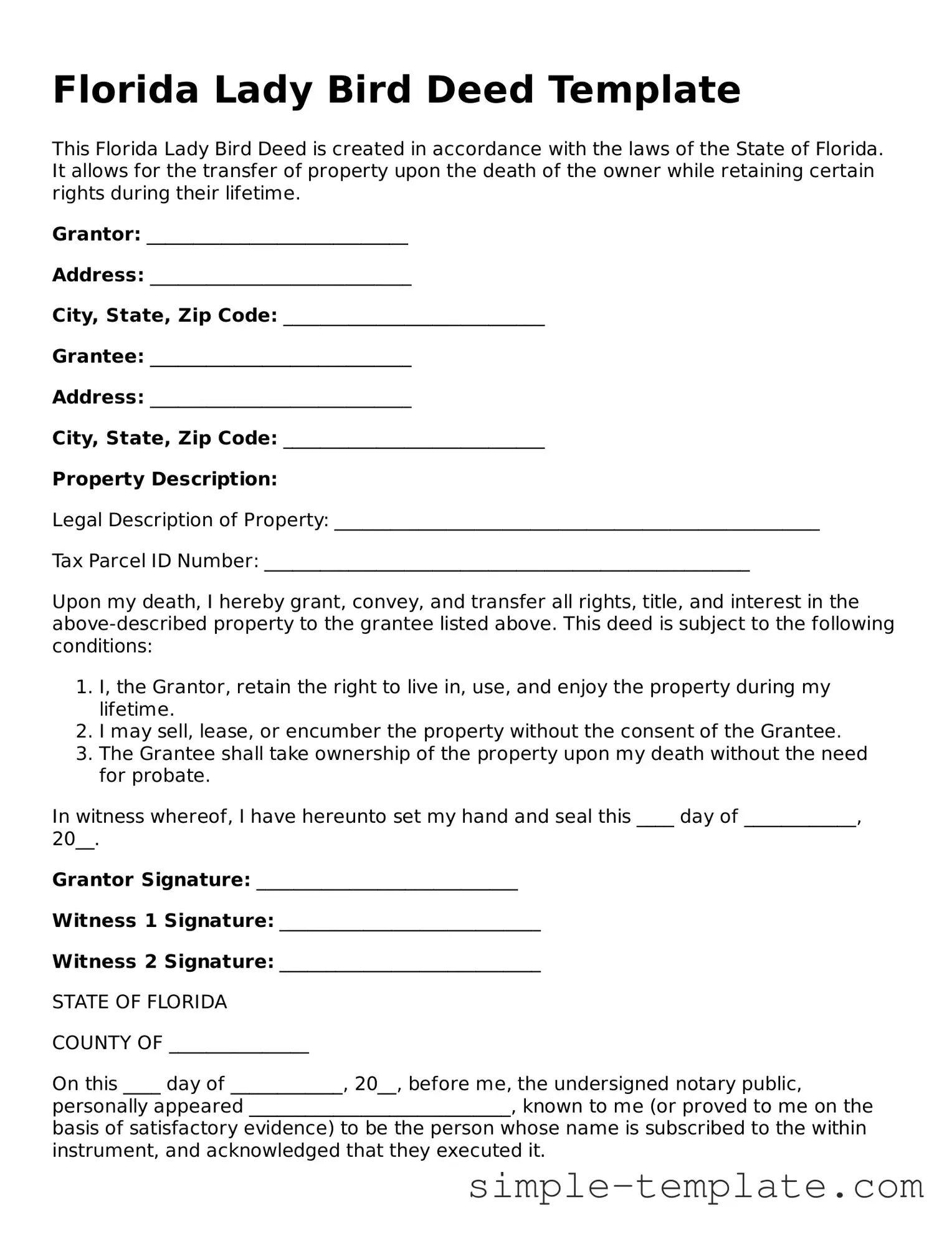 Printable Florida Lady Bird Deed Document