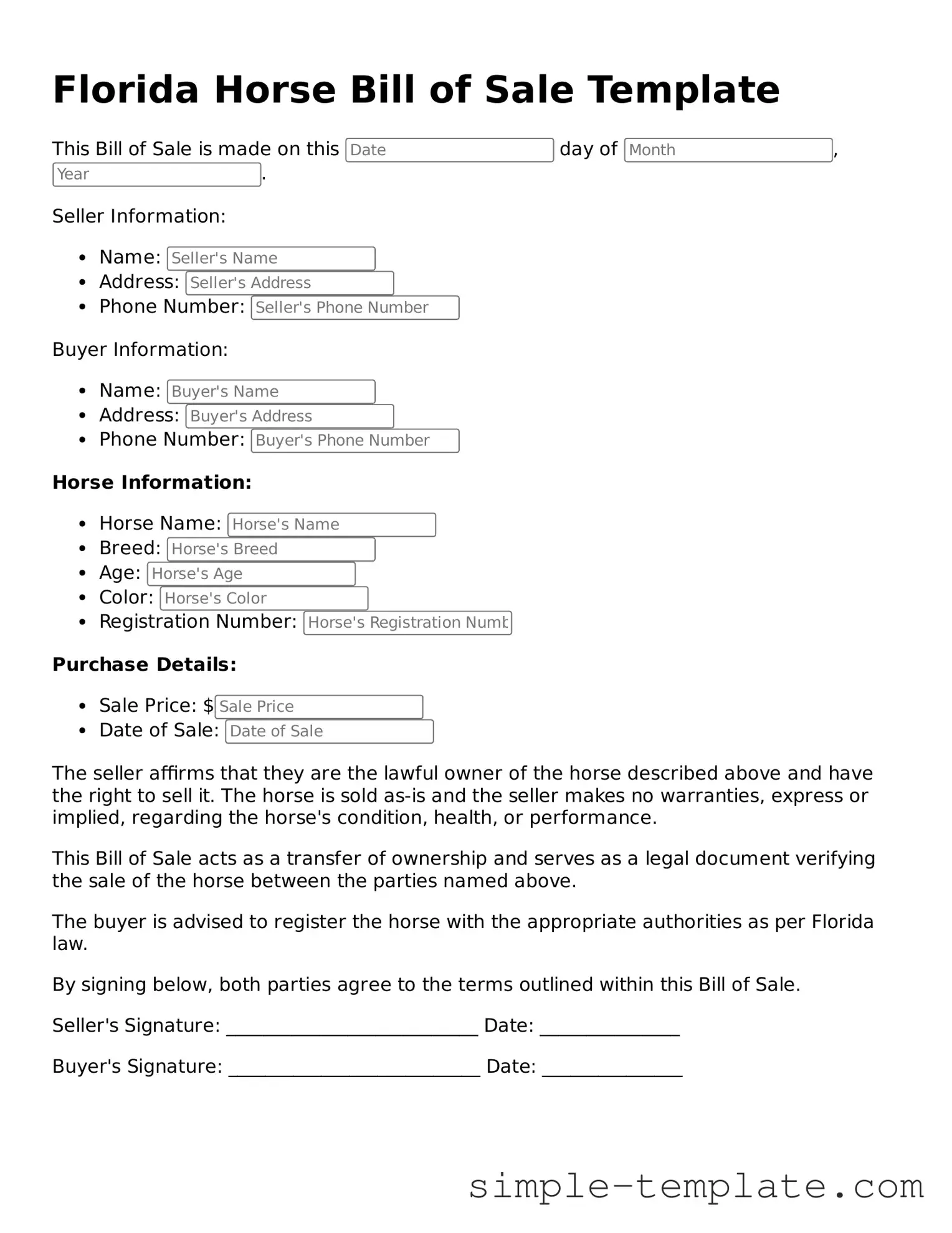 Printable Florida Horse Bill of Sale Document