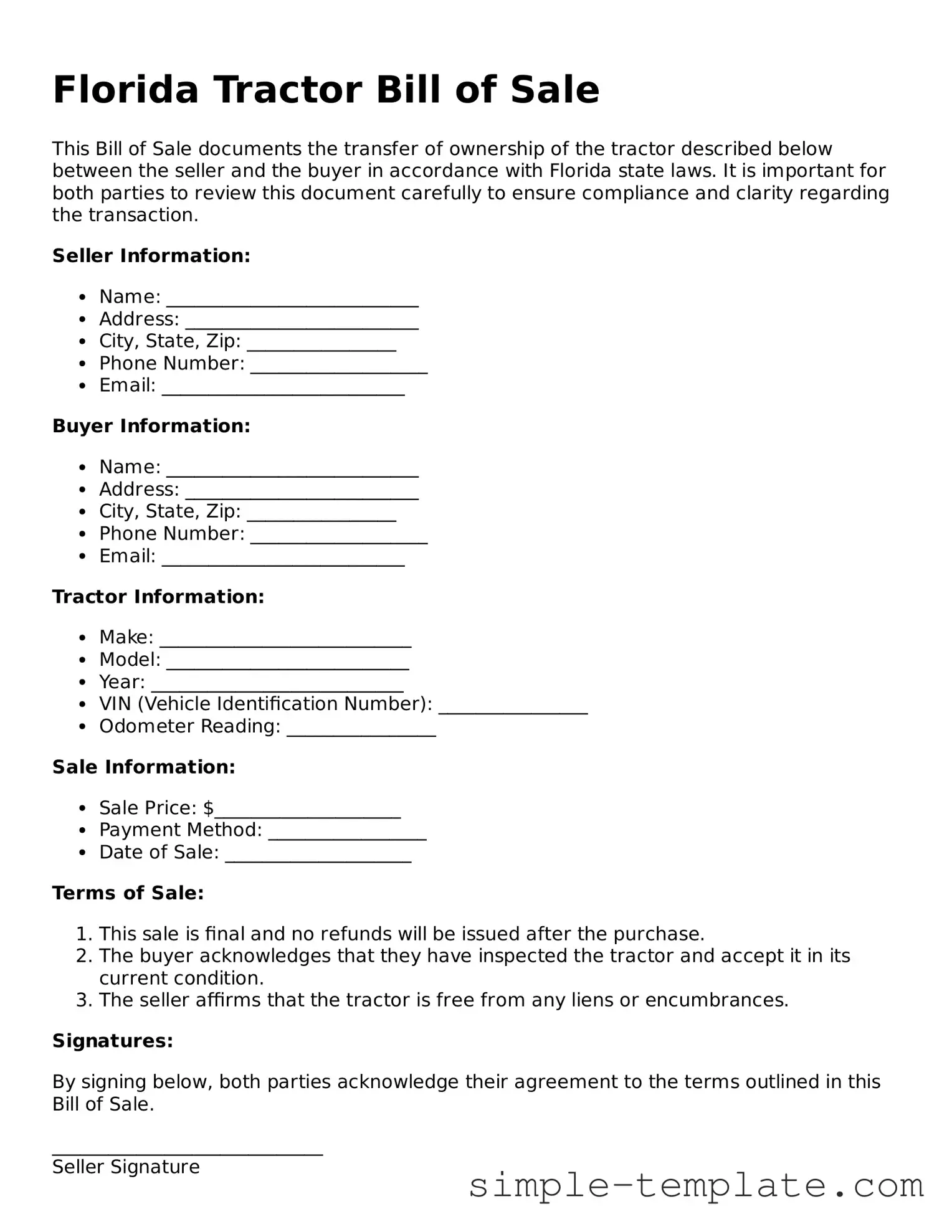 Printable Florida Tractor Bill of Sale Document