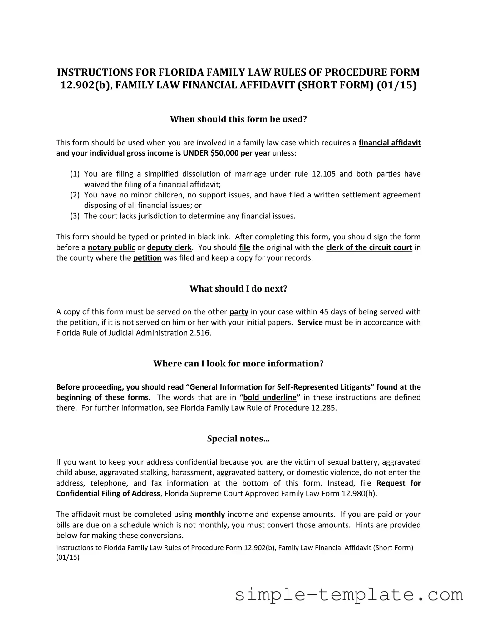 Free Florida Financial Affidavit Short 12.902(b) Form in PDF