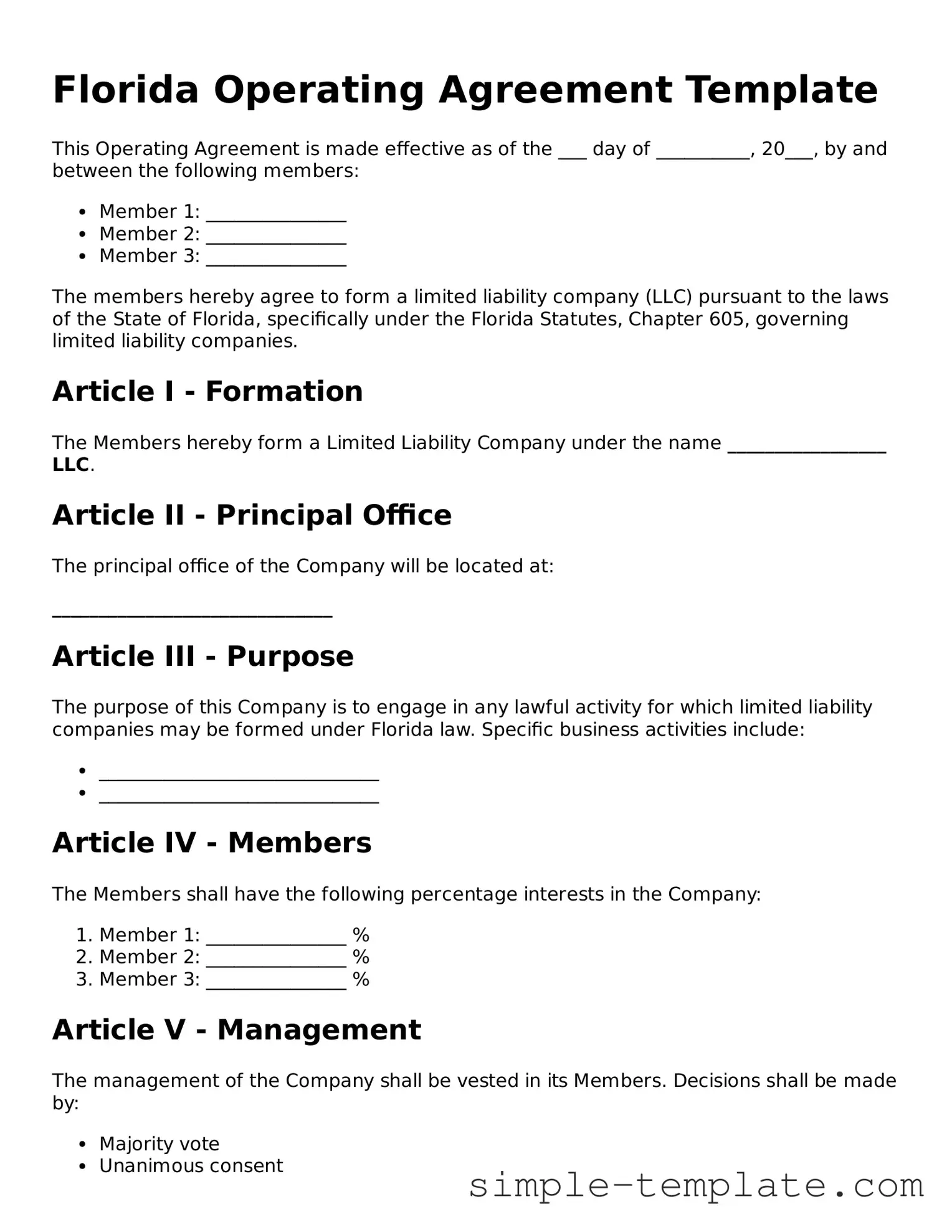 Printable Florida Operating Agreement Document