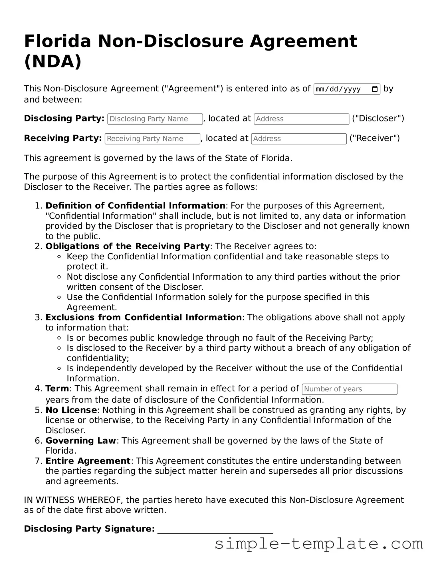 Printable Florida Non-disclosure Agreement Document
