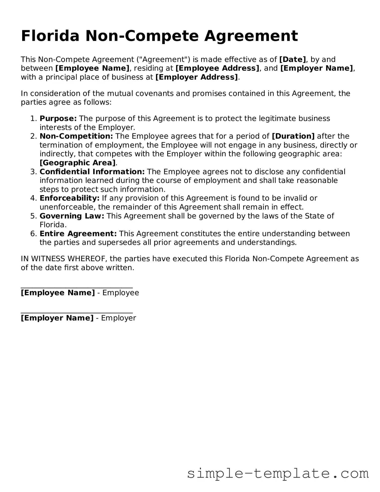 Printable Florida Non-compete Agreement Document