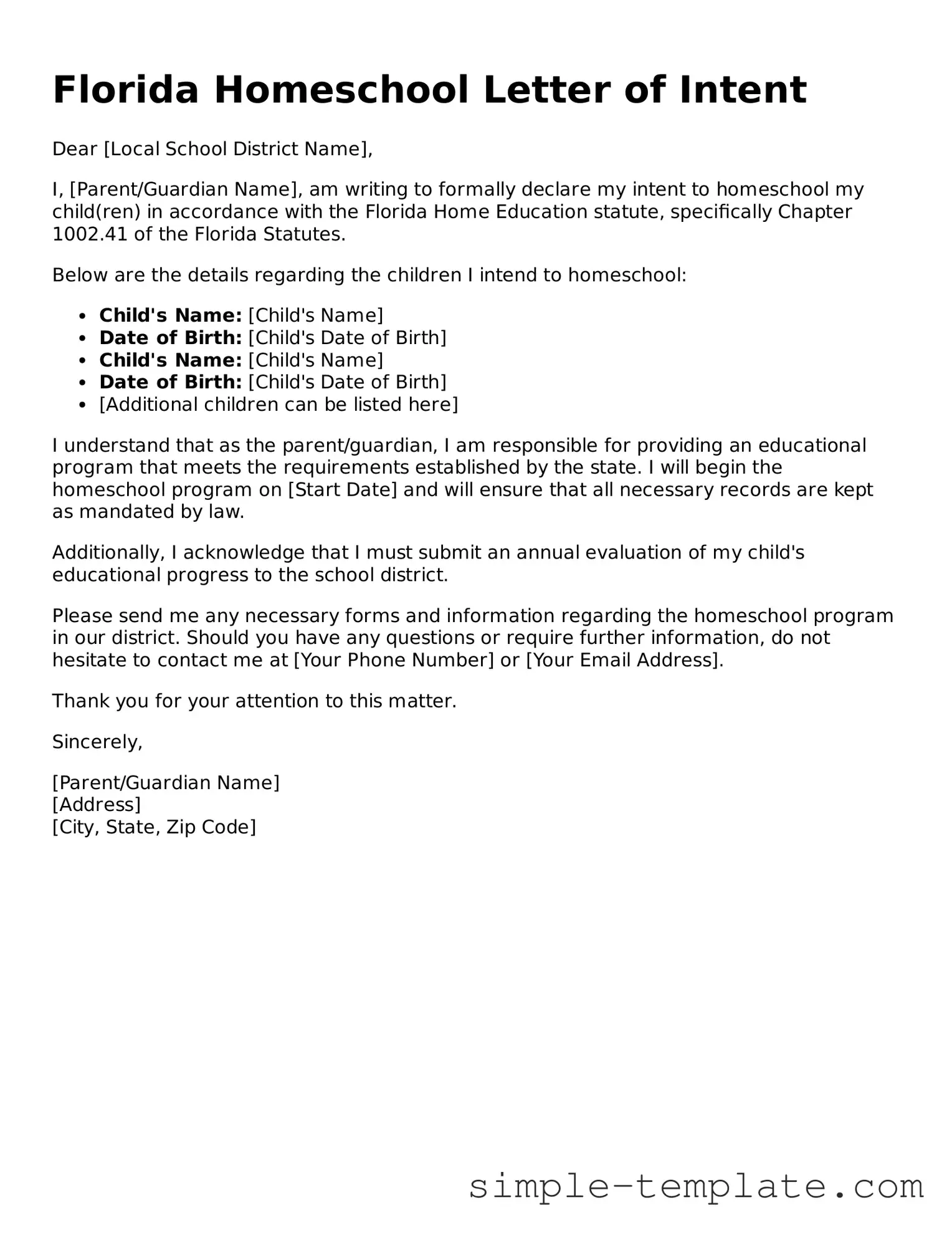 Printable Florida Homeschool Letter of Intent Document