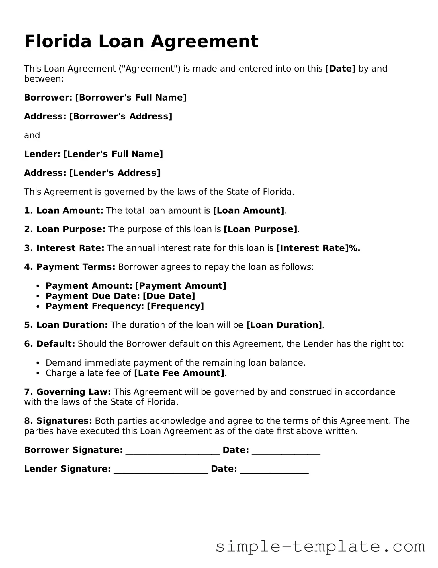 Printable Florida Loan Agreement Document