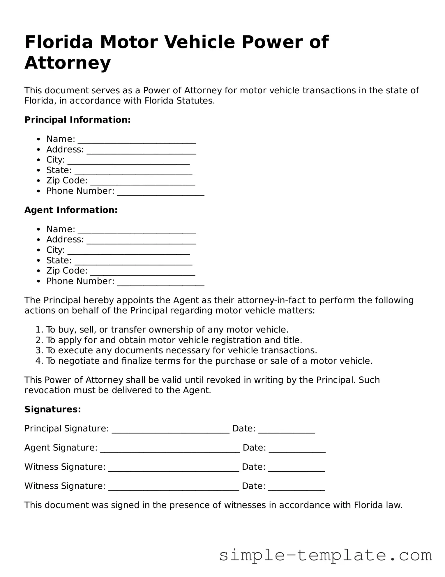 Printable Florida Motor Vehicle Power of Attorney Document