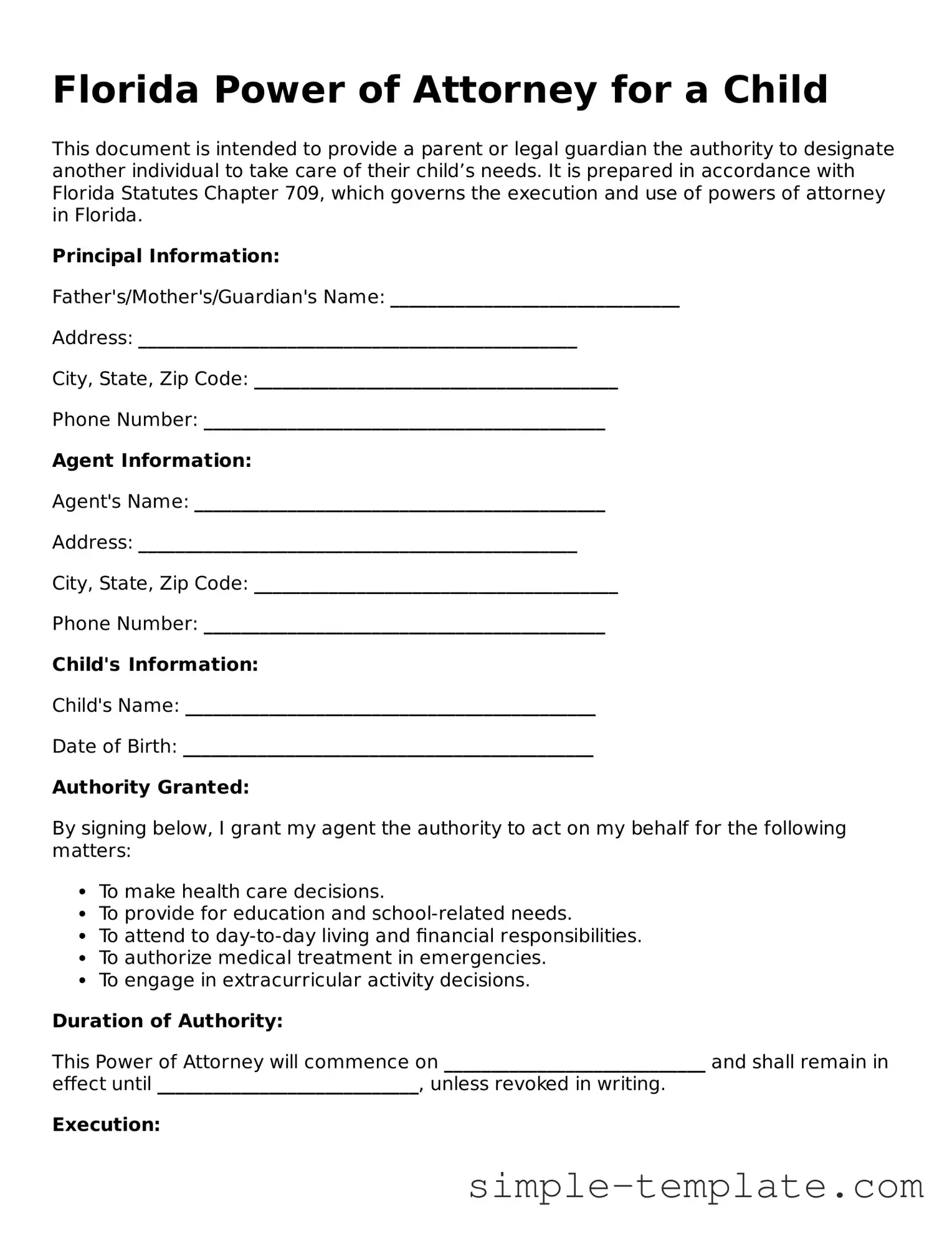 Printable Florida Power of Attorney for a Child Document