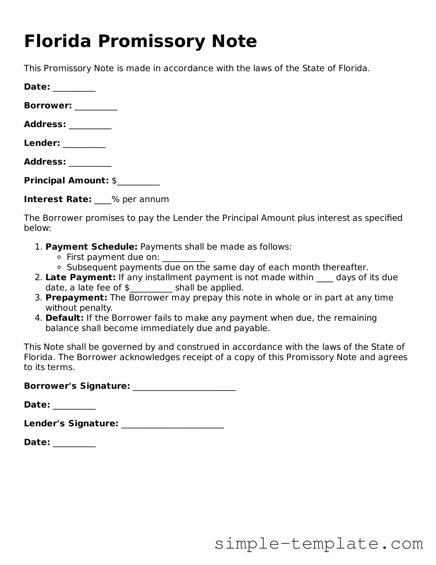 Printable Florida Promissory Note Document