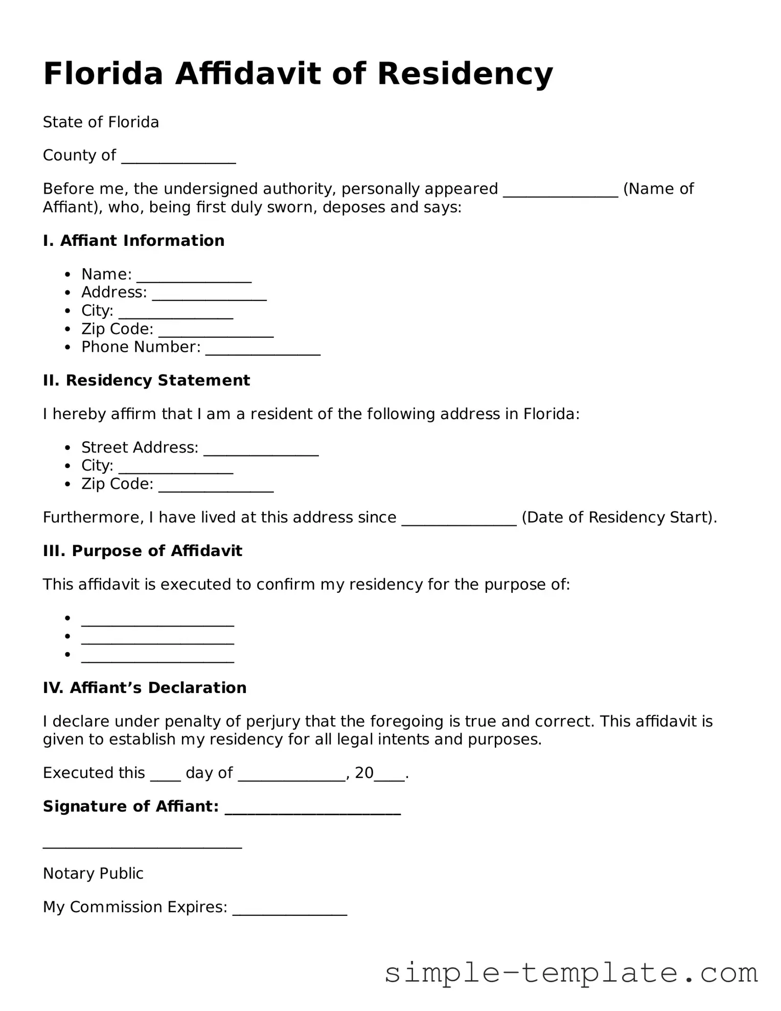 Printable Florida Affidavit of Residency Document
