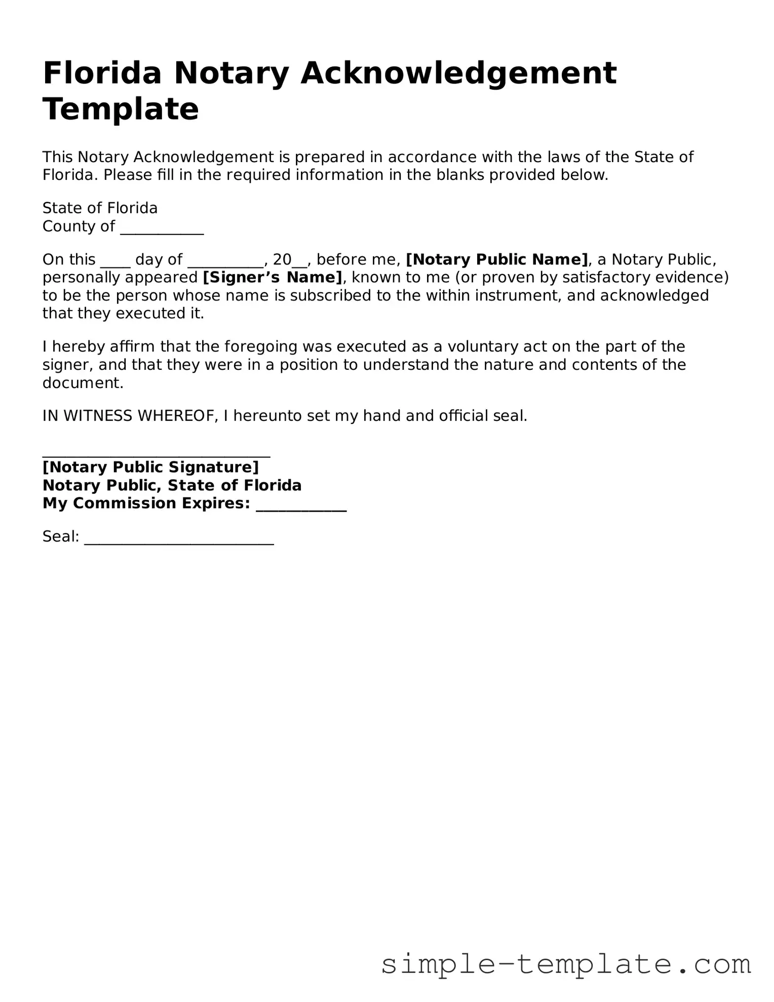 Printable Florida Notary Acknowledgement Document