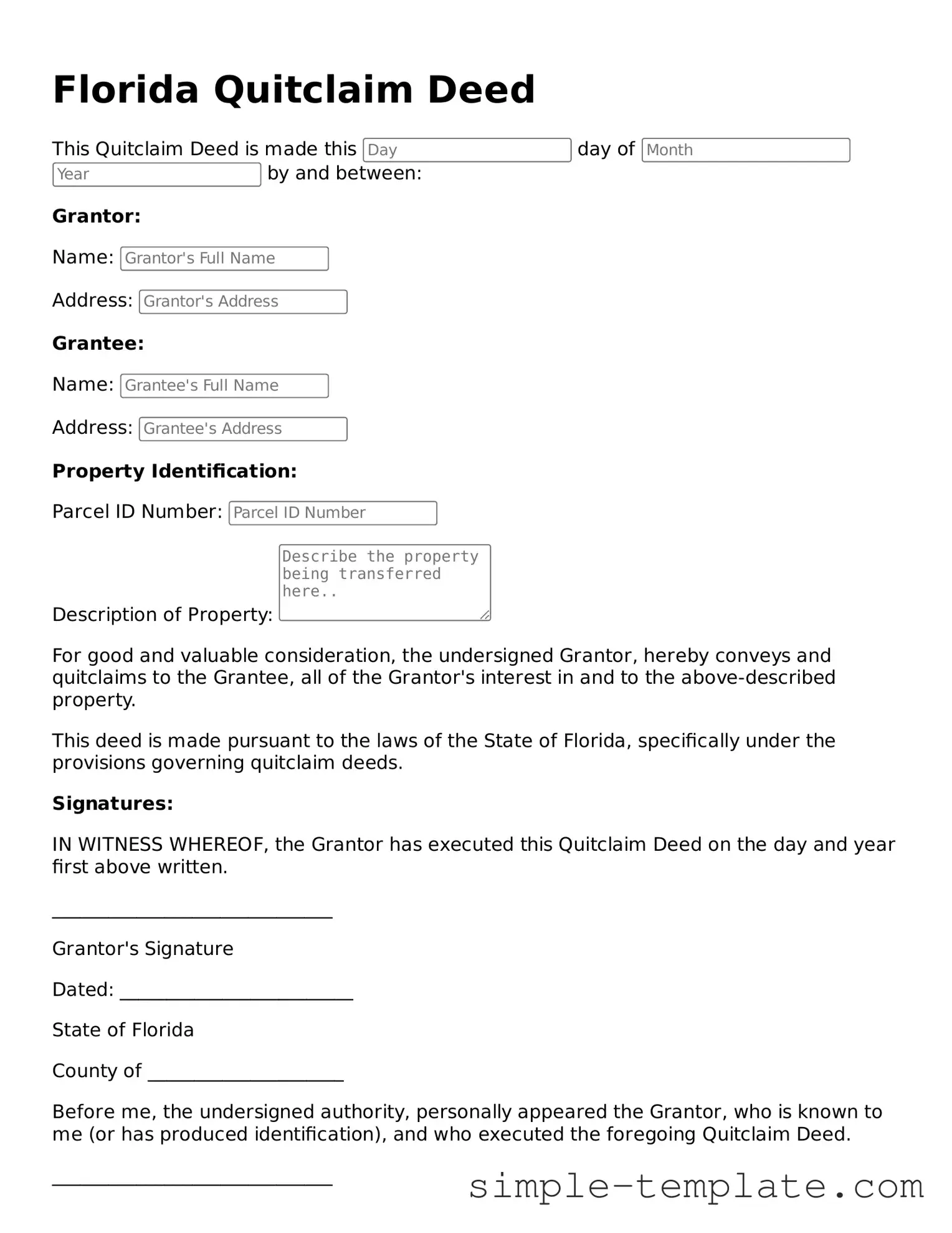 Printable Florida Quitclaim Deed Document