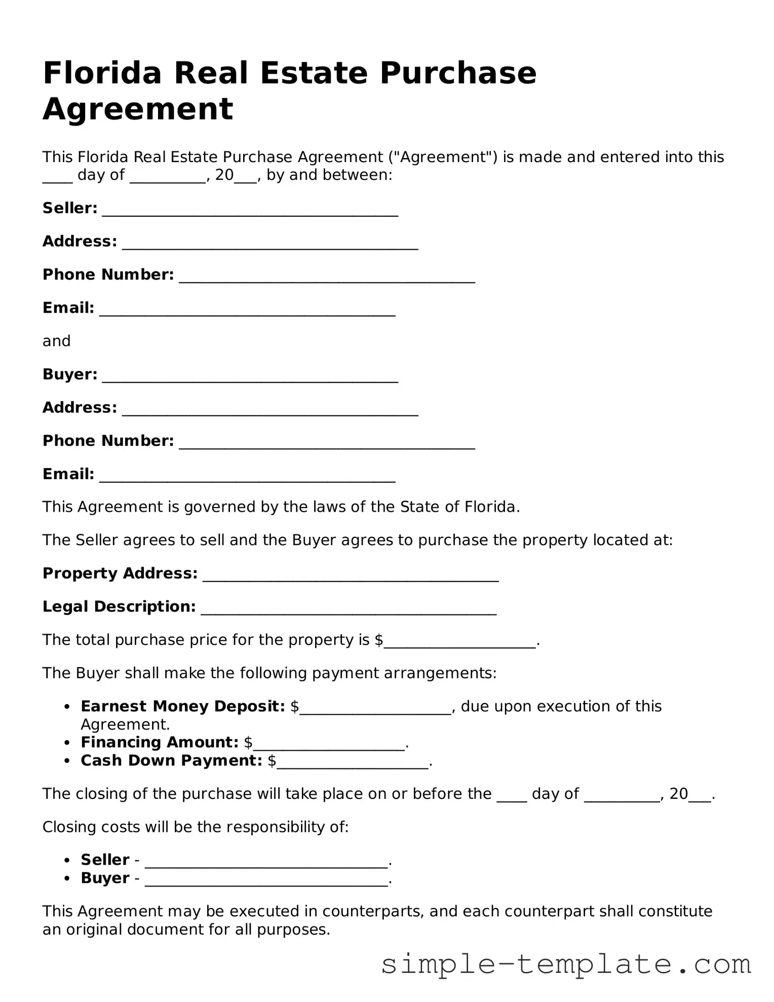 Printable Florida Real Estate Purchase Agreement Document