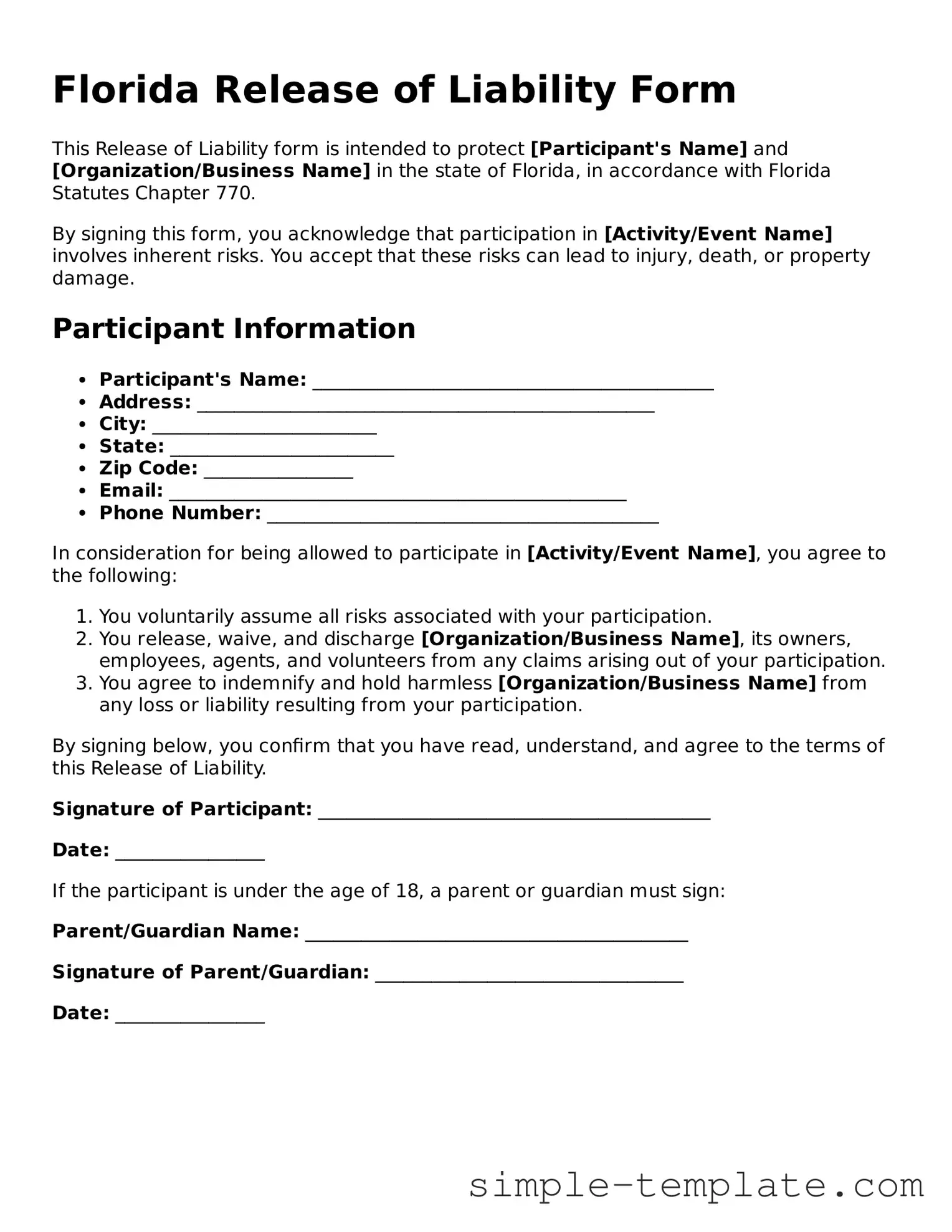 Printable Florida Release of Liability Document