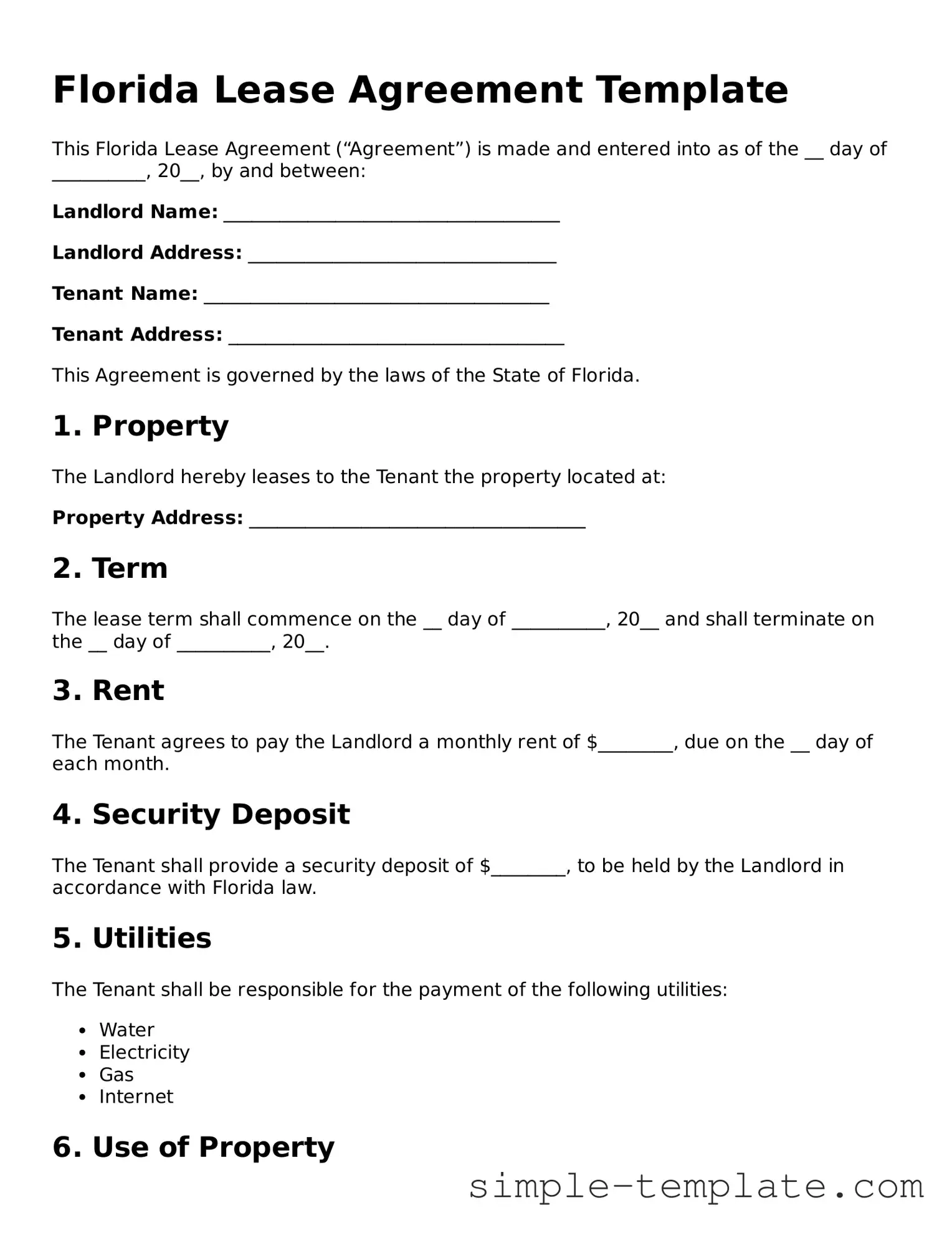 Printable Florida Lease Agreement Document