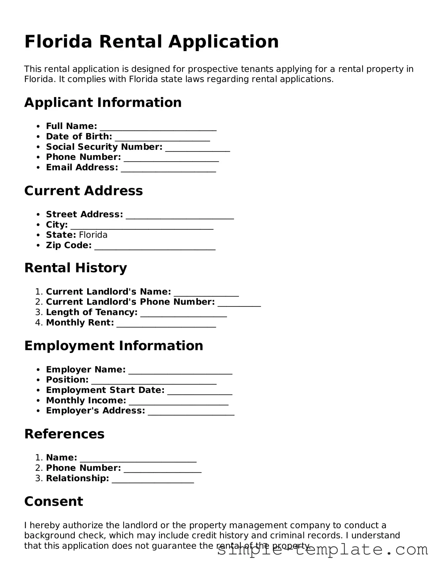 Printable Florida Rental Application Document