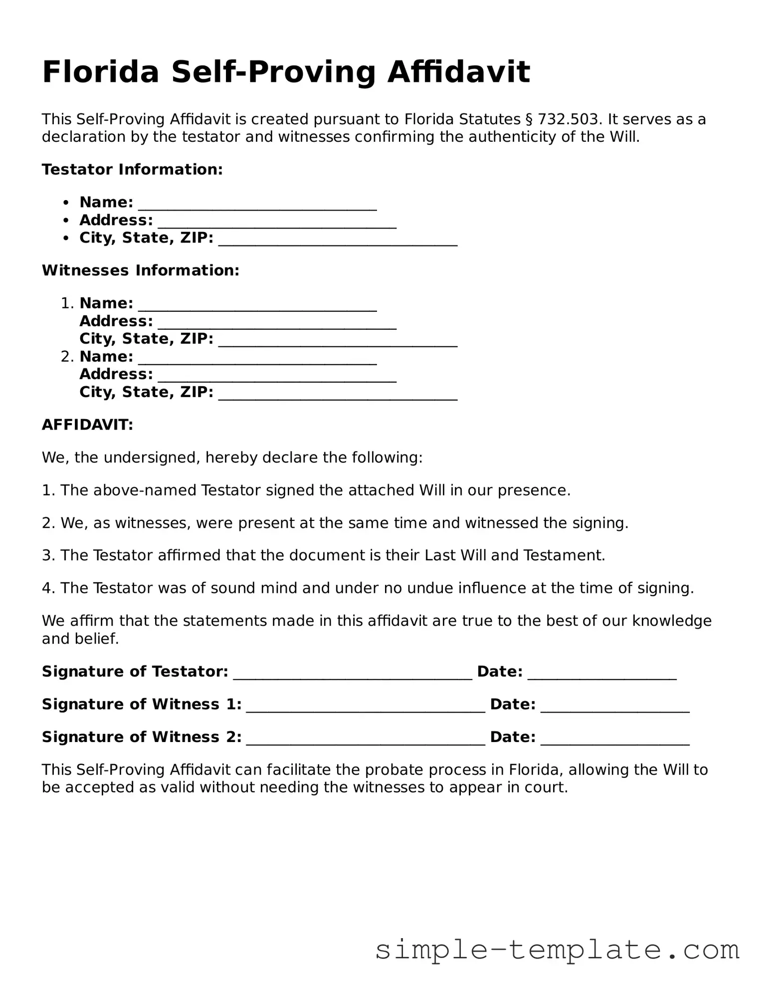 Printable Florida Self-Proving Affidavit Document