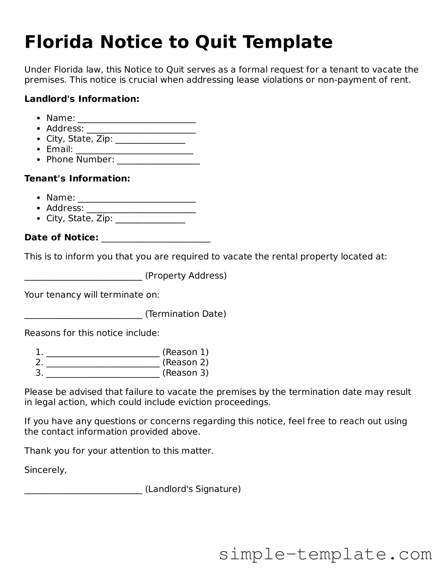 Printable Florida Notice to Quit Document