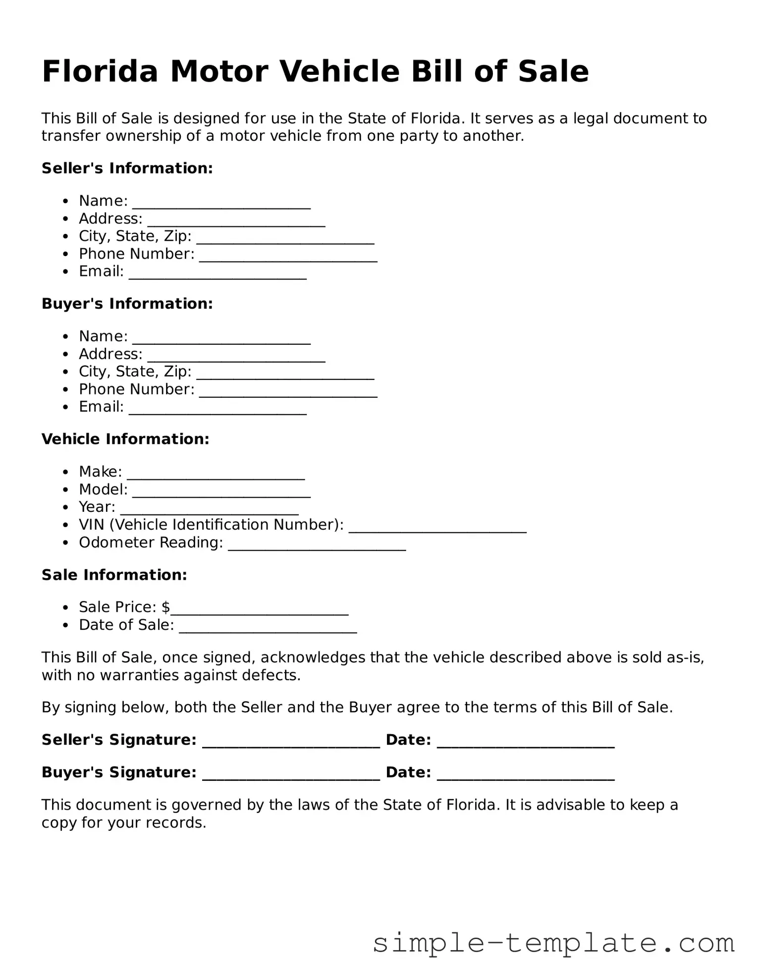 Printable Florida Motor Vehicle Bill of Sale Document