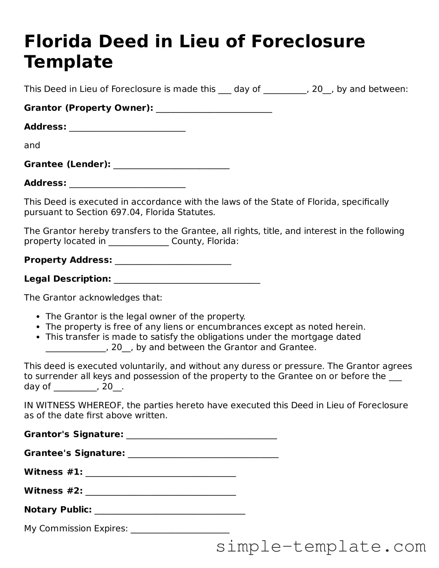 Printable Florida Deed in Lieu of Foreclosure Document