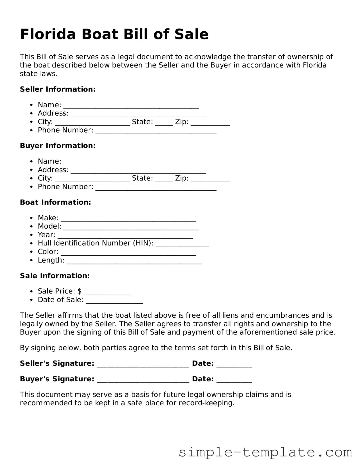 Printable Florida Boat Bill of Sale Document