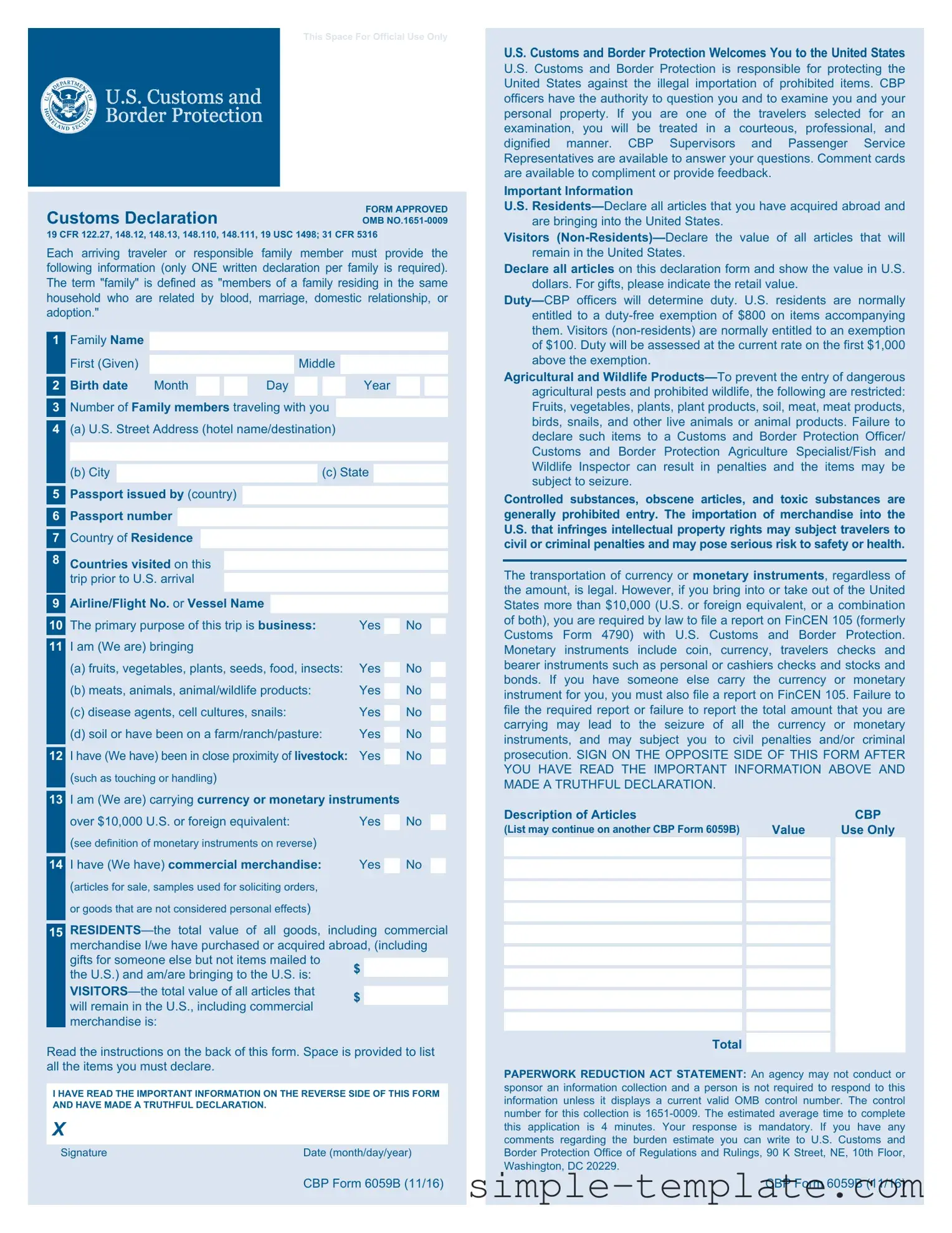 Free CBP 6059B Form in PDF
