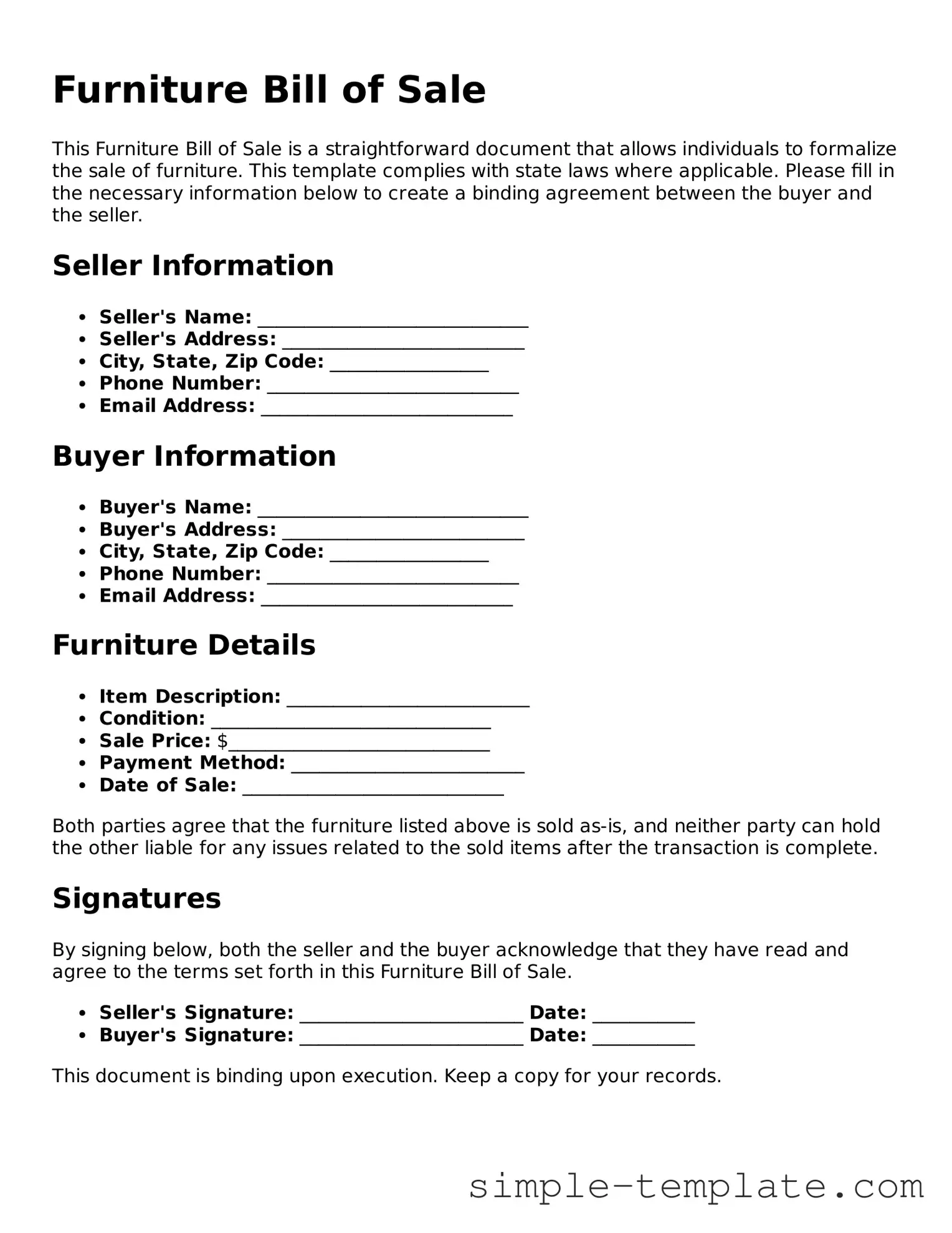 Furniture Bill of Sale Form