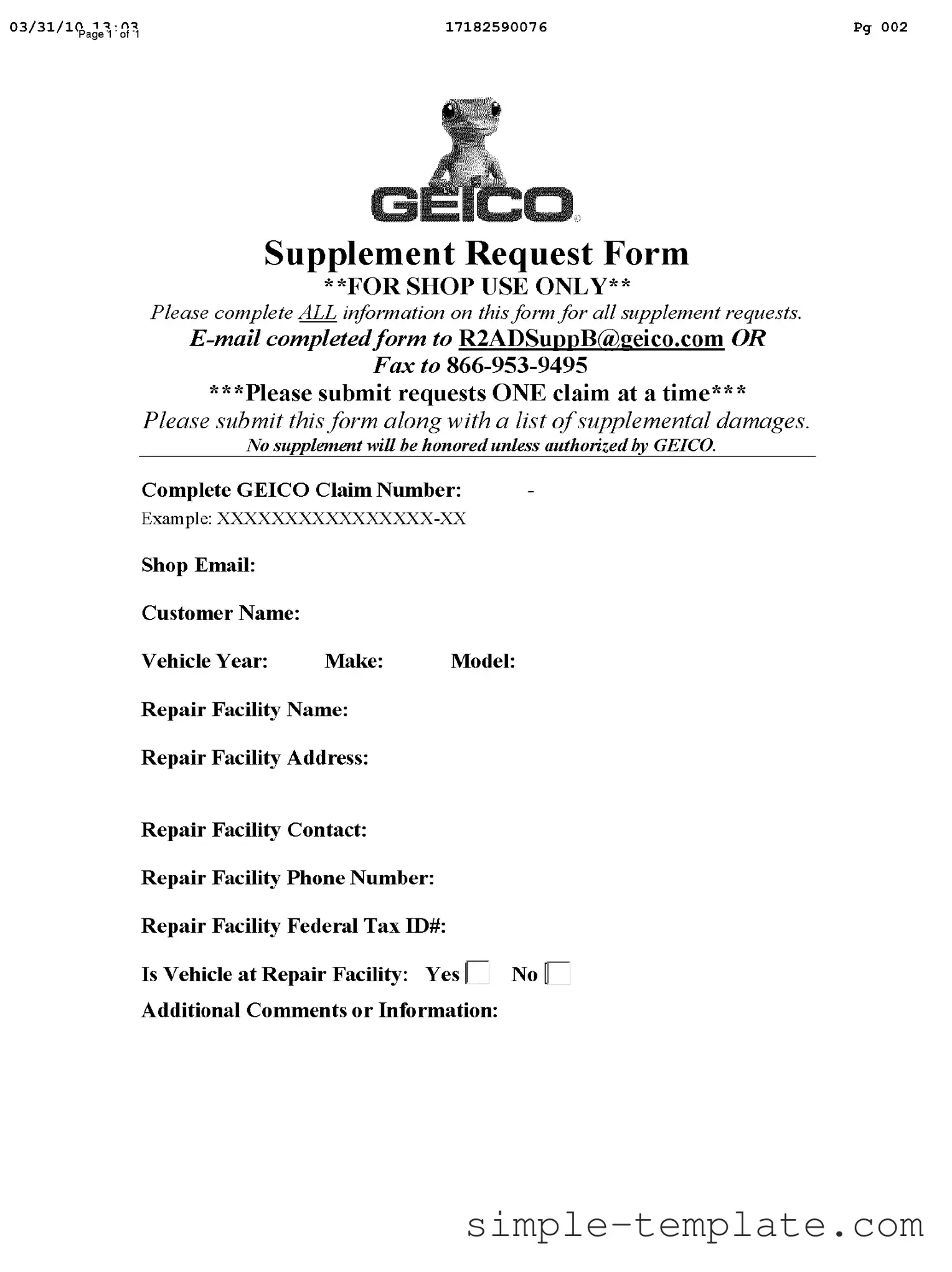 Free Geico Supplement Request Form in PDF