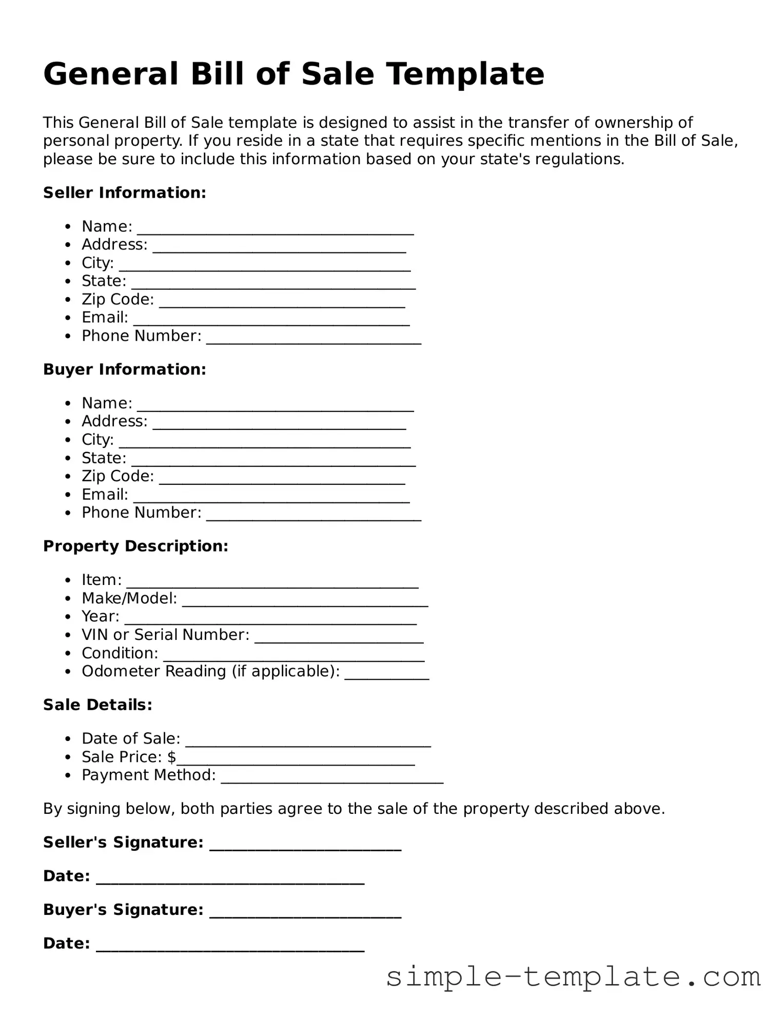 General Bill of Sale Form