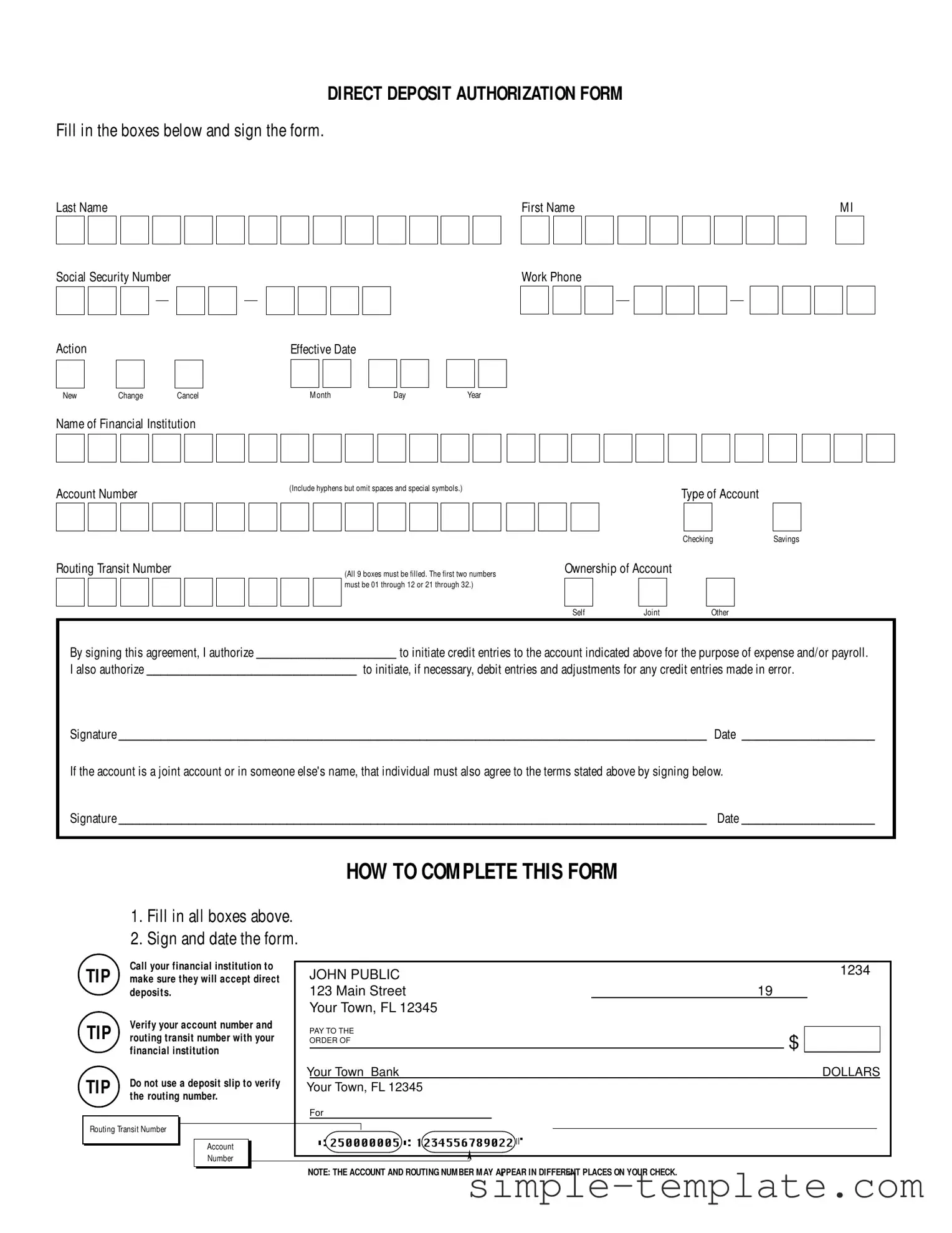 Free Generic Direct Deposit Form in PDF