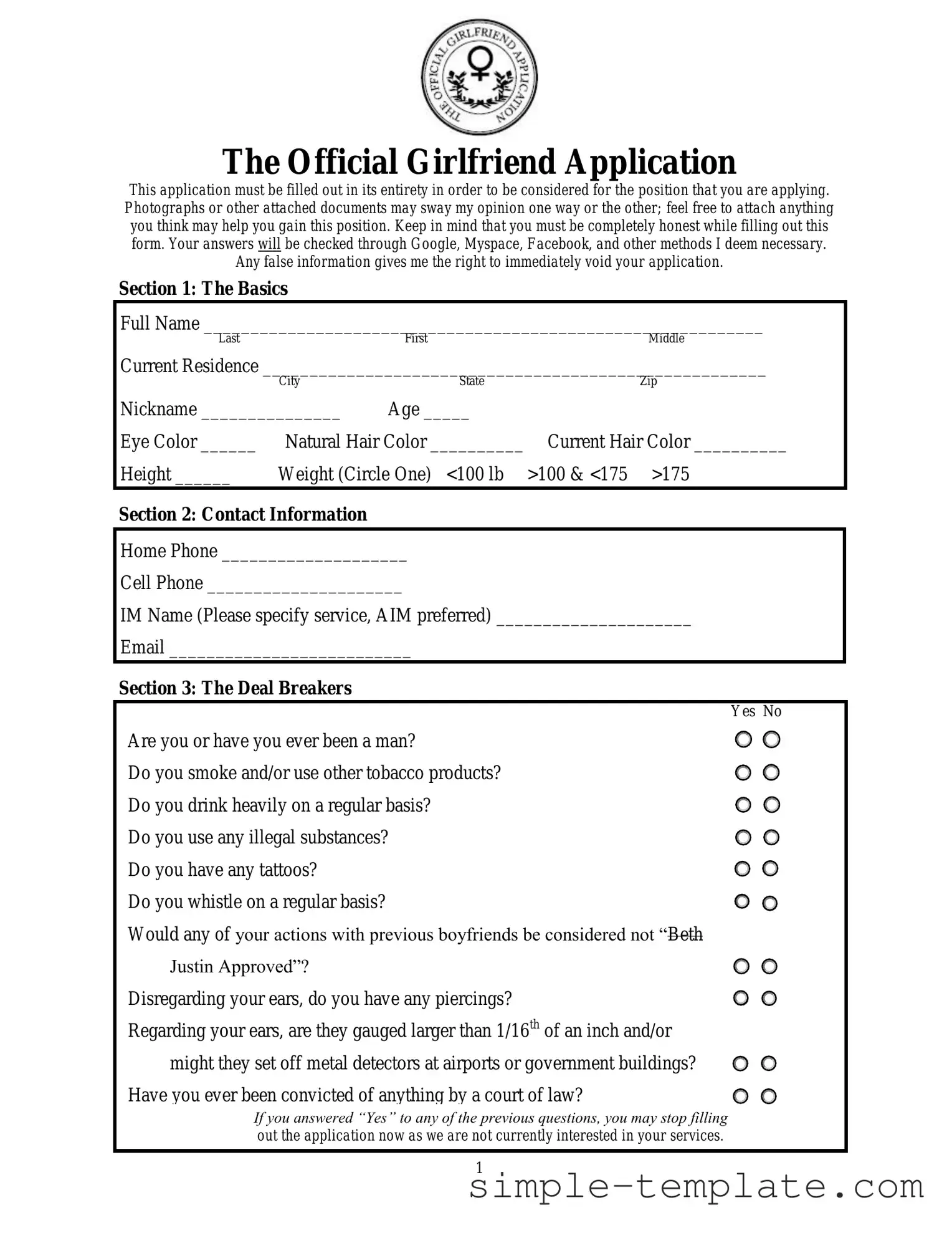 Free Girlfriend Application Form in PDF