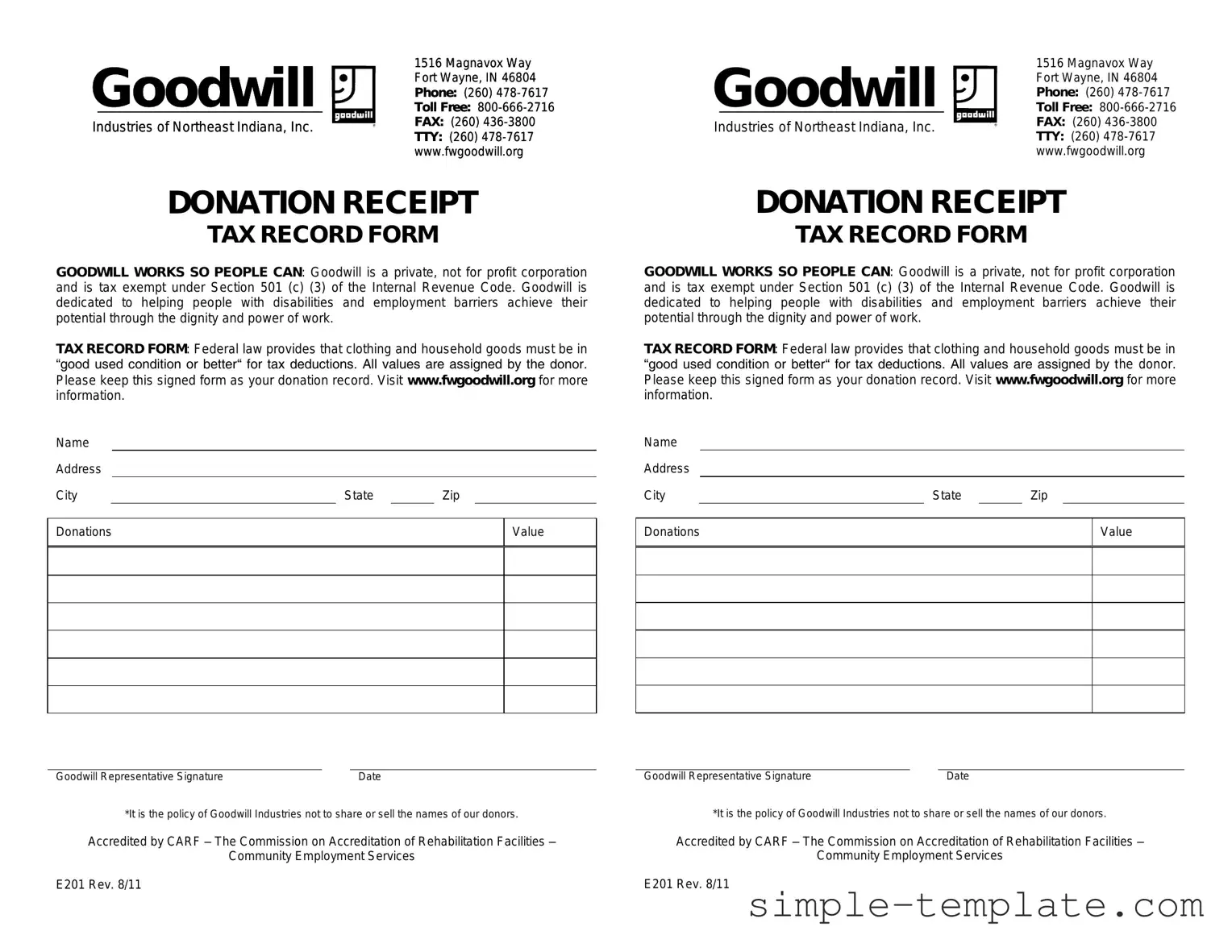Free Goodwill donation receipt Form in PDF