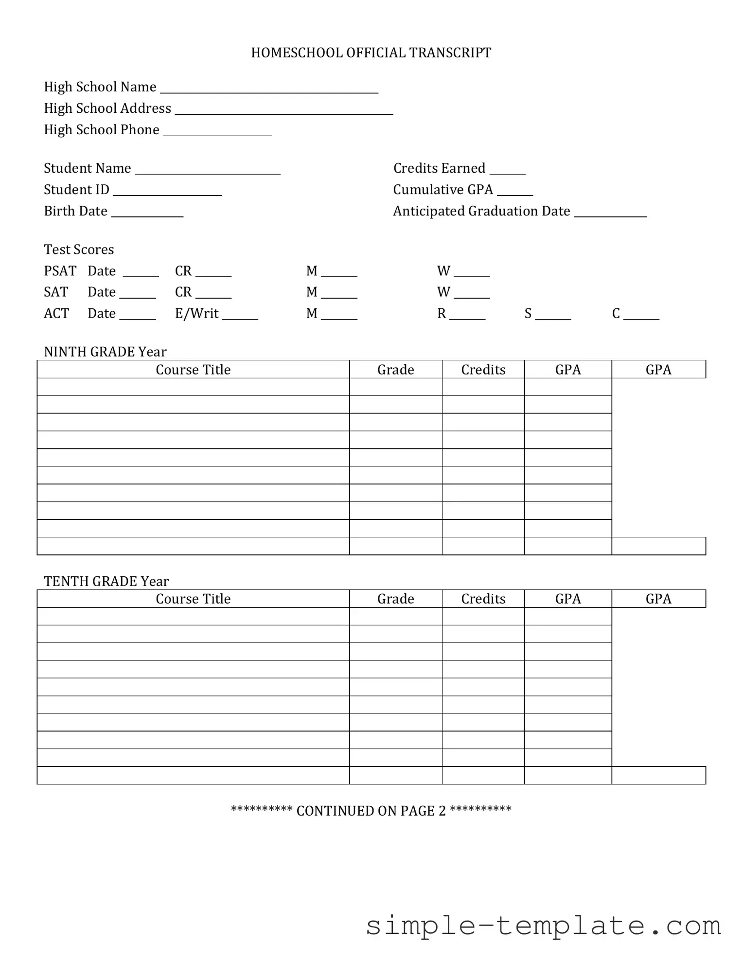 Free High School Transcript Form in PDF