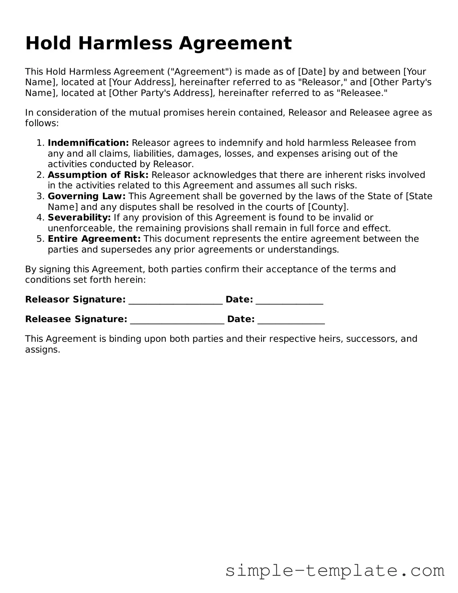Hold Harmless Agreement Form