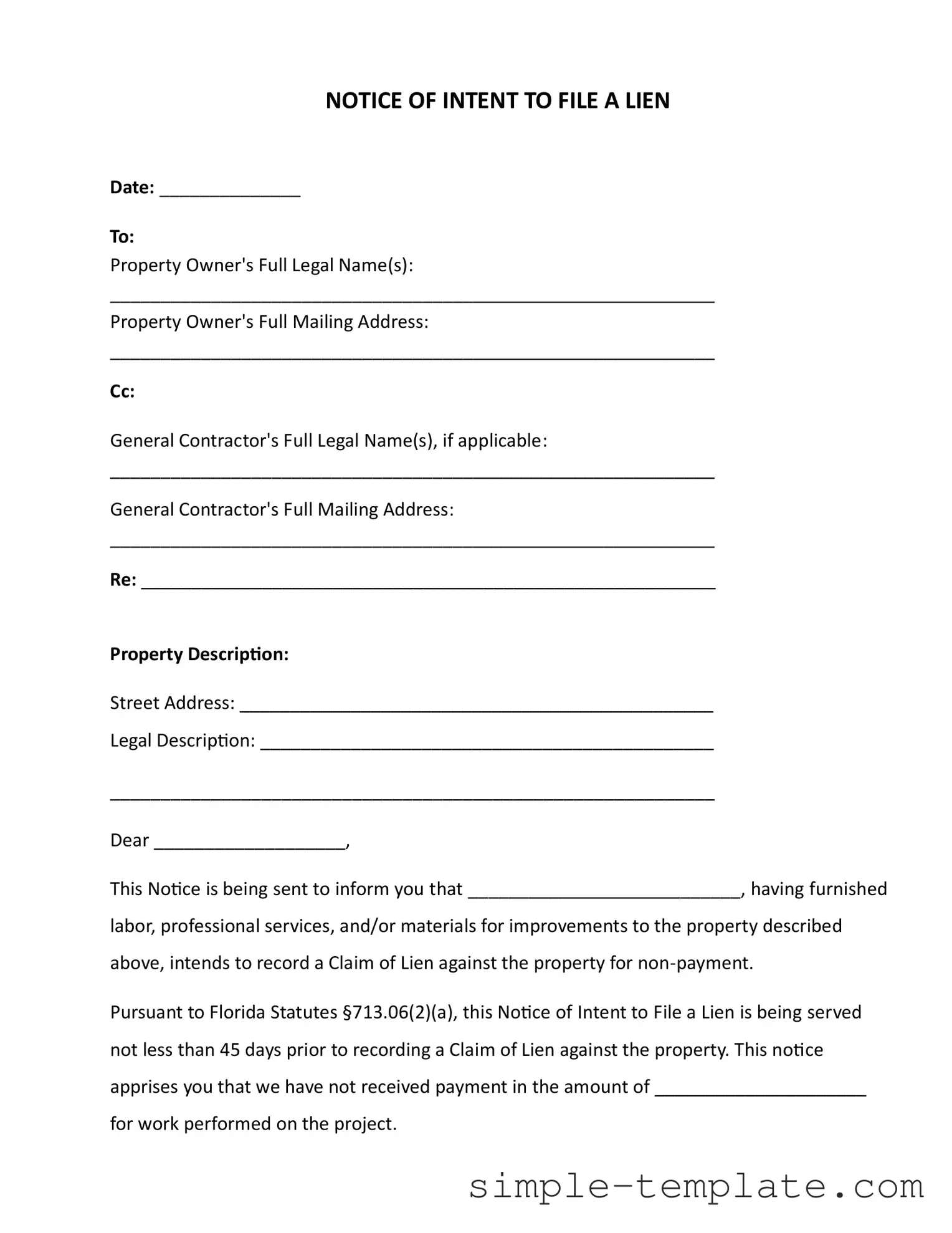 Free Intent To Lien Florida Form in PDF