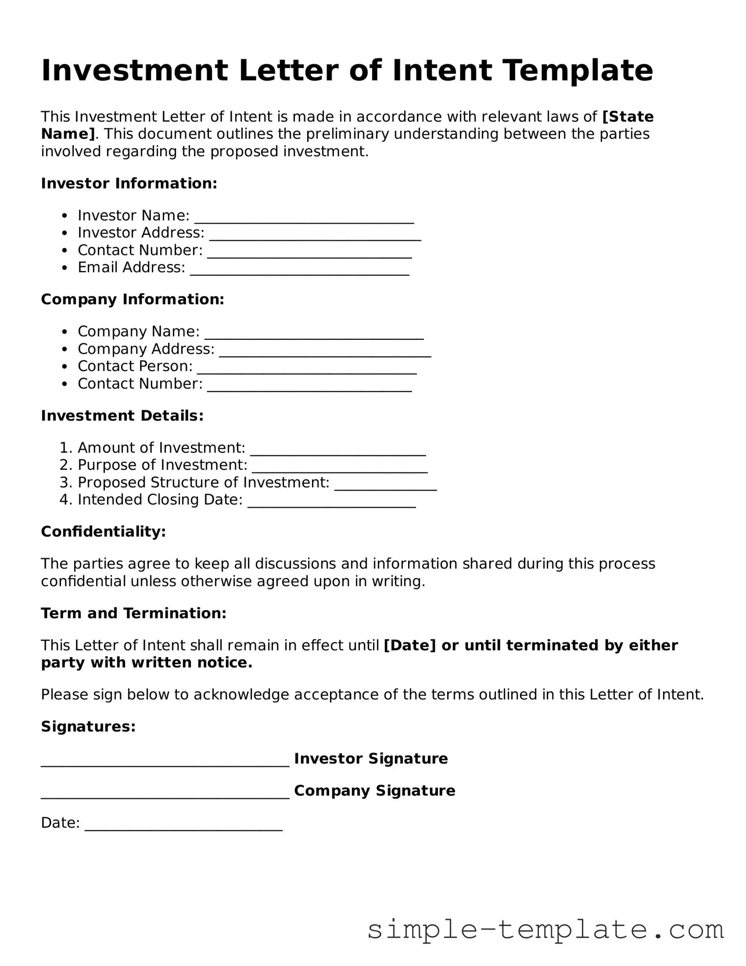 Investment Letter of Intent Form